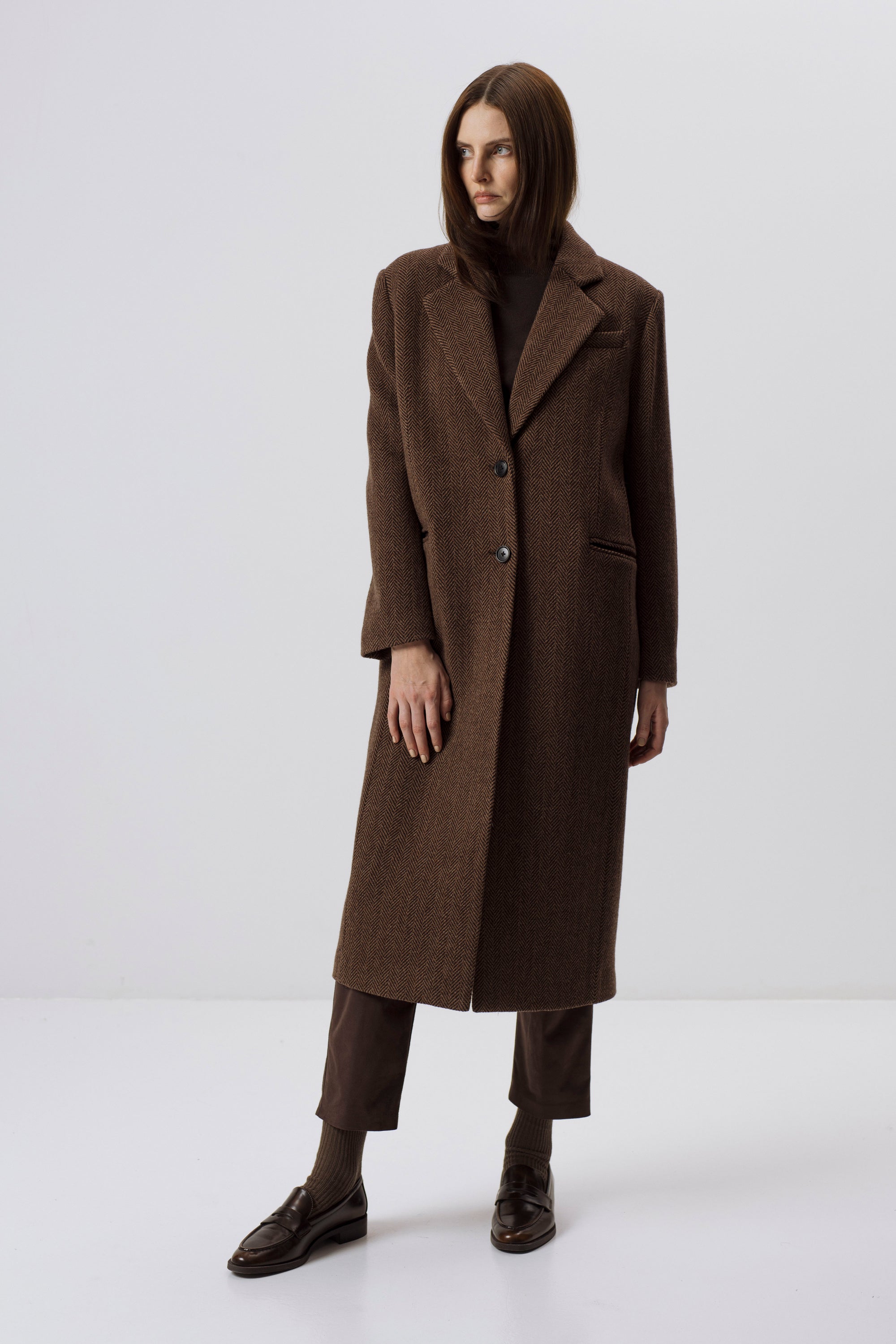HERRINGBONE BROWN WOOL COAT