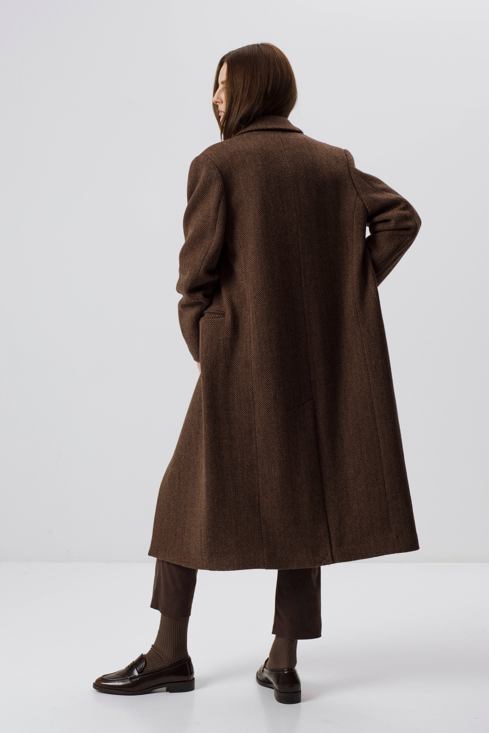 HERRINGBONE BROWN WOOL COAT