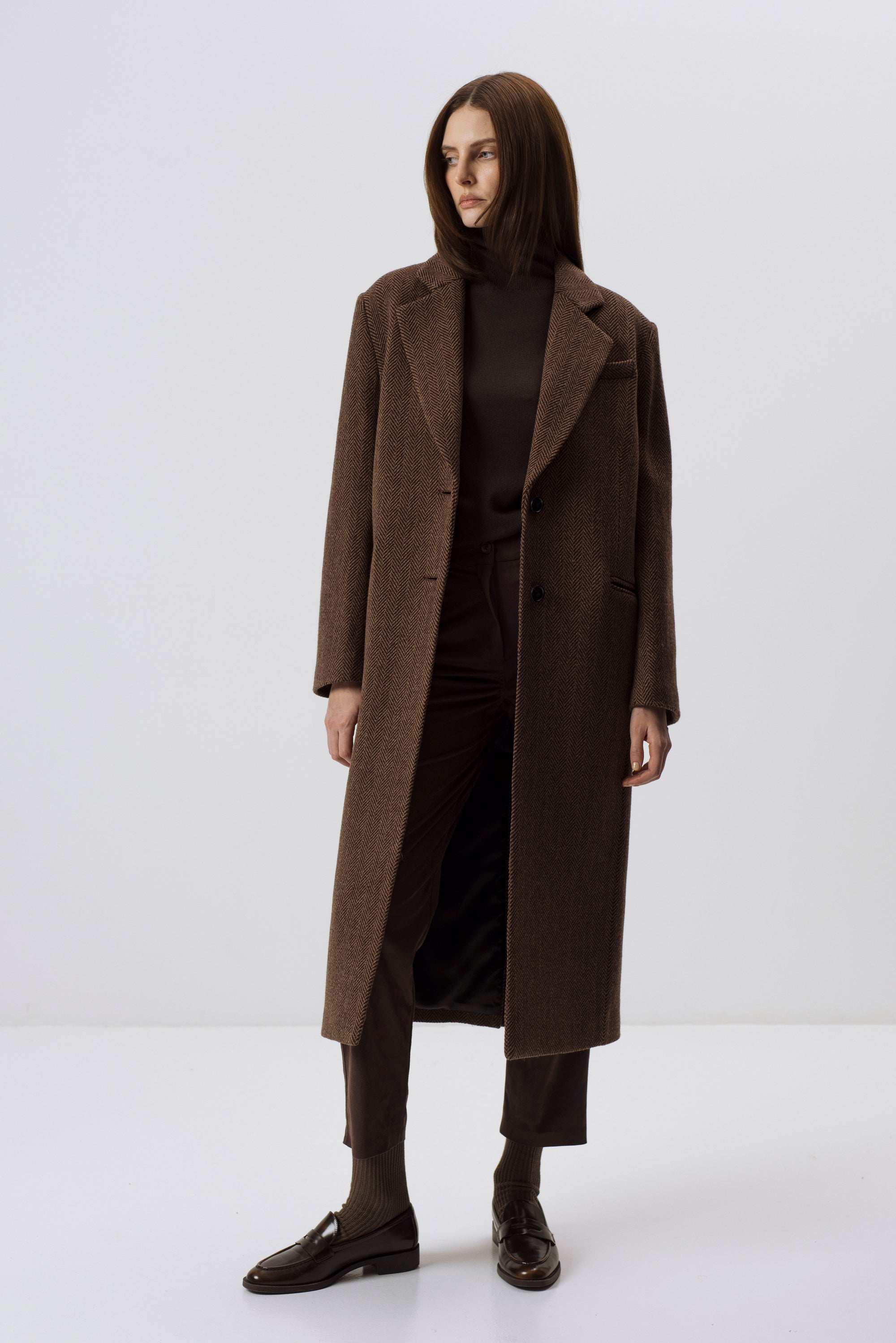 HERRINGBONE BROWN WOOL COAT