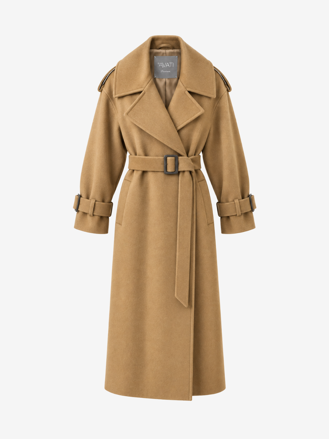 OVERSIZED CAMEL WOOL COAT WITH BUCKLED BELT