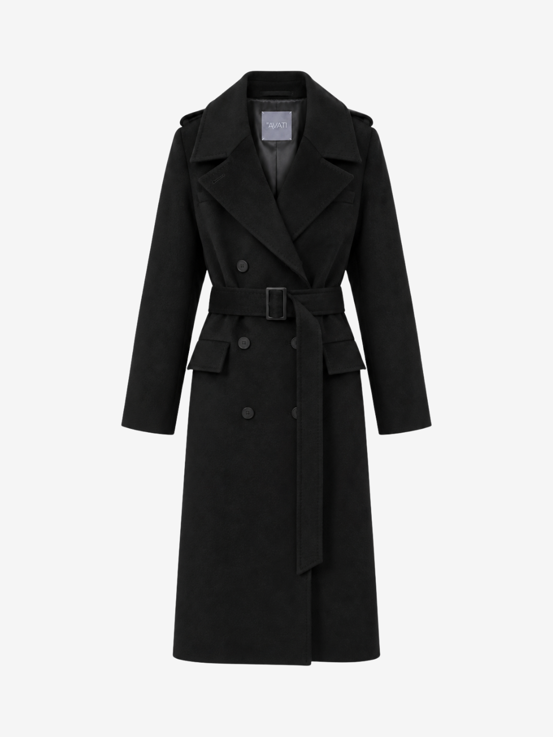 BLACK WOOL COAT WITH BUCKLED BELT