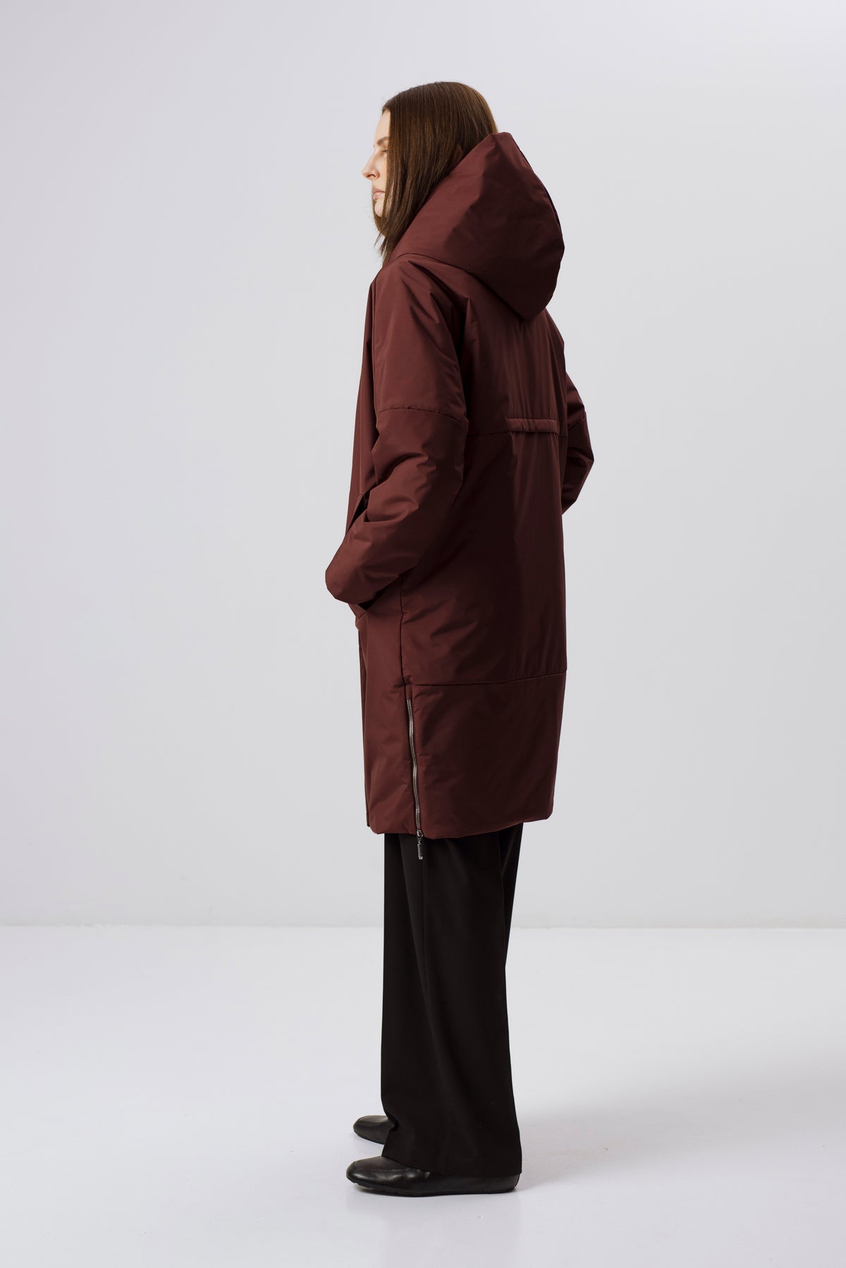 BURGUNDY HOODED JACKET WITH CAMEL WOOL