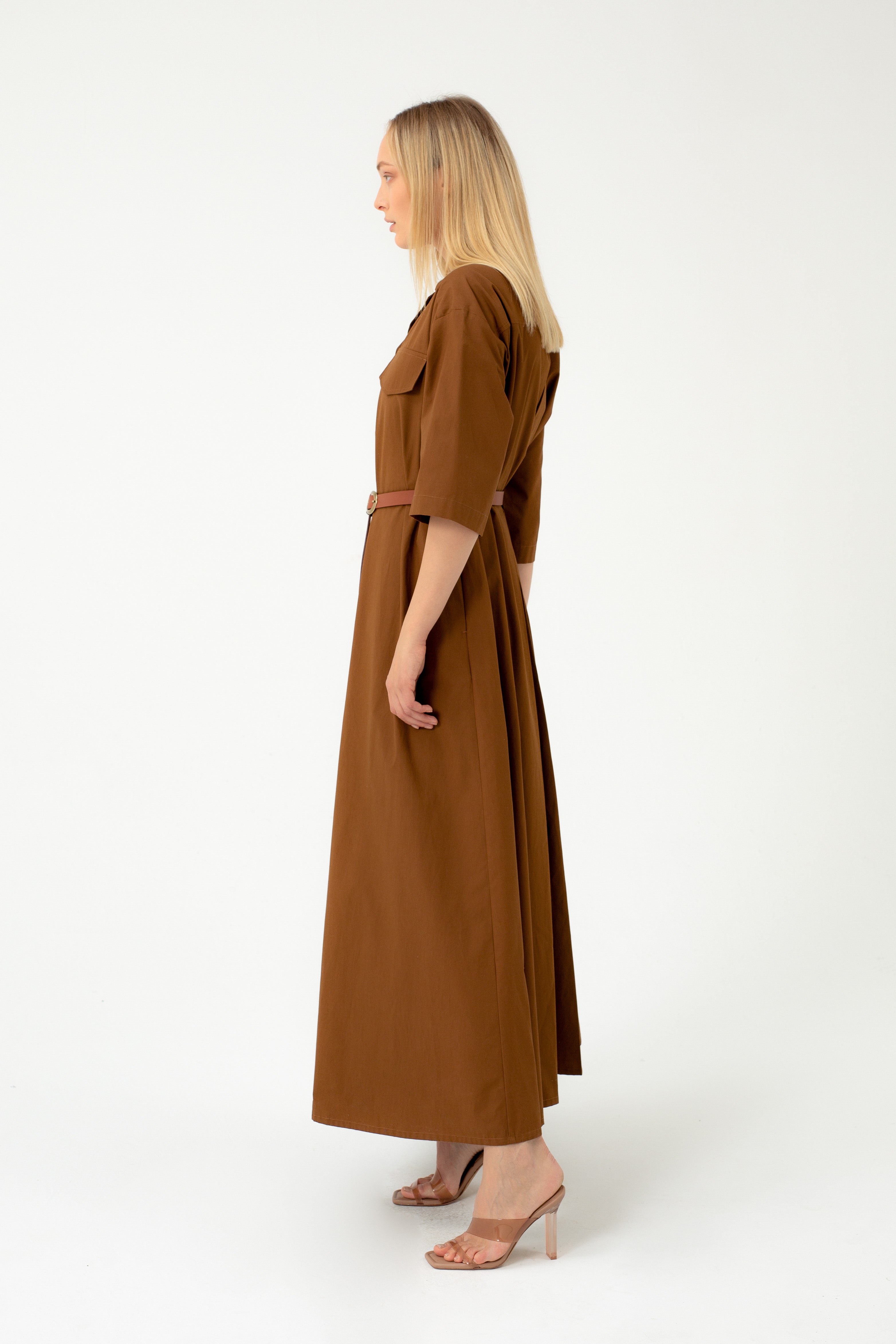 MAXI CAMEL DRESS WITH FRONT POCKETS