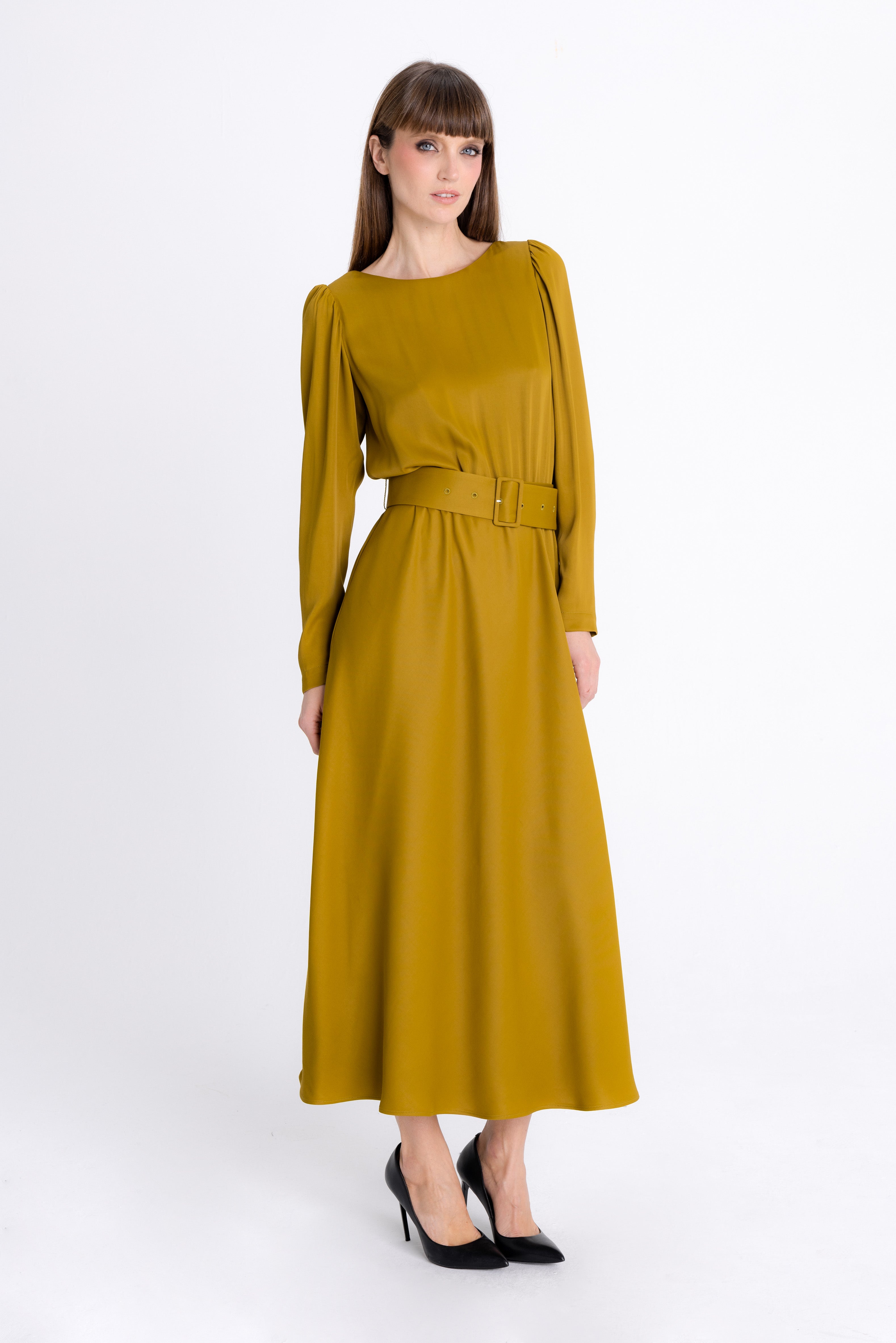 DARK MUSTARD MIDI DRESS WITH DECORATIVE CUFFS