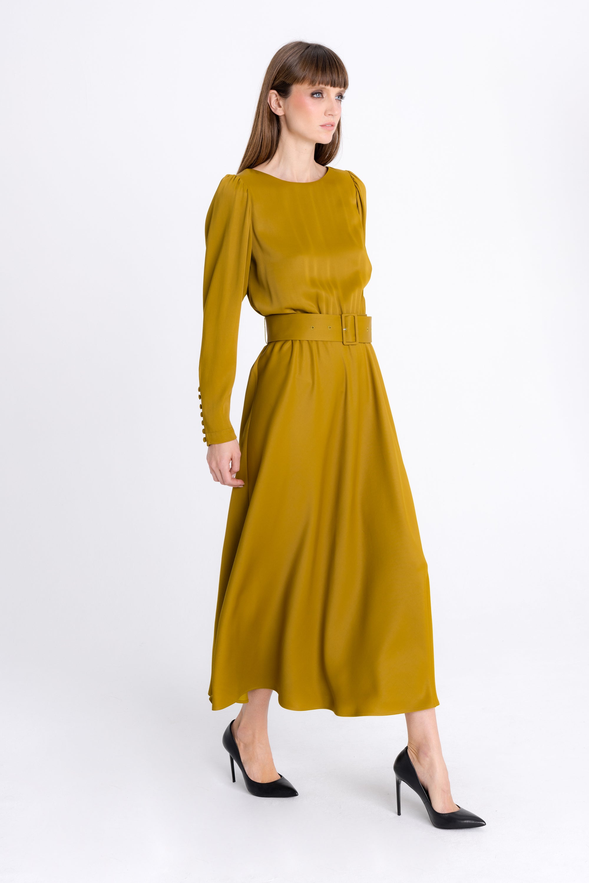 DARK MUSTARD MIDI DRESS WITH DECORATIVE CUFFS