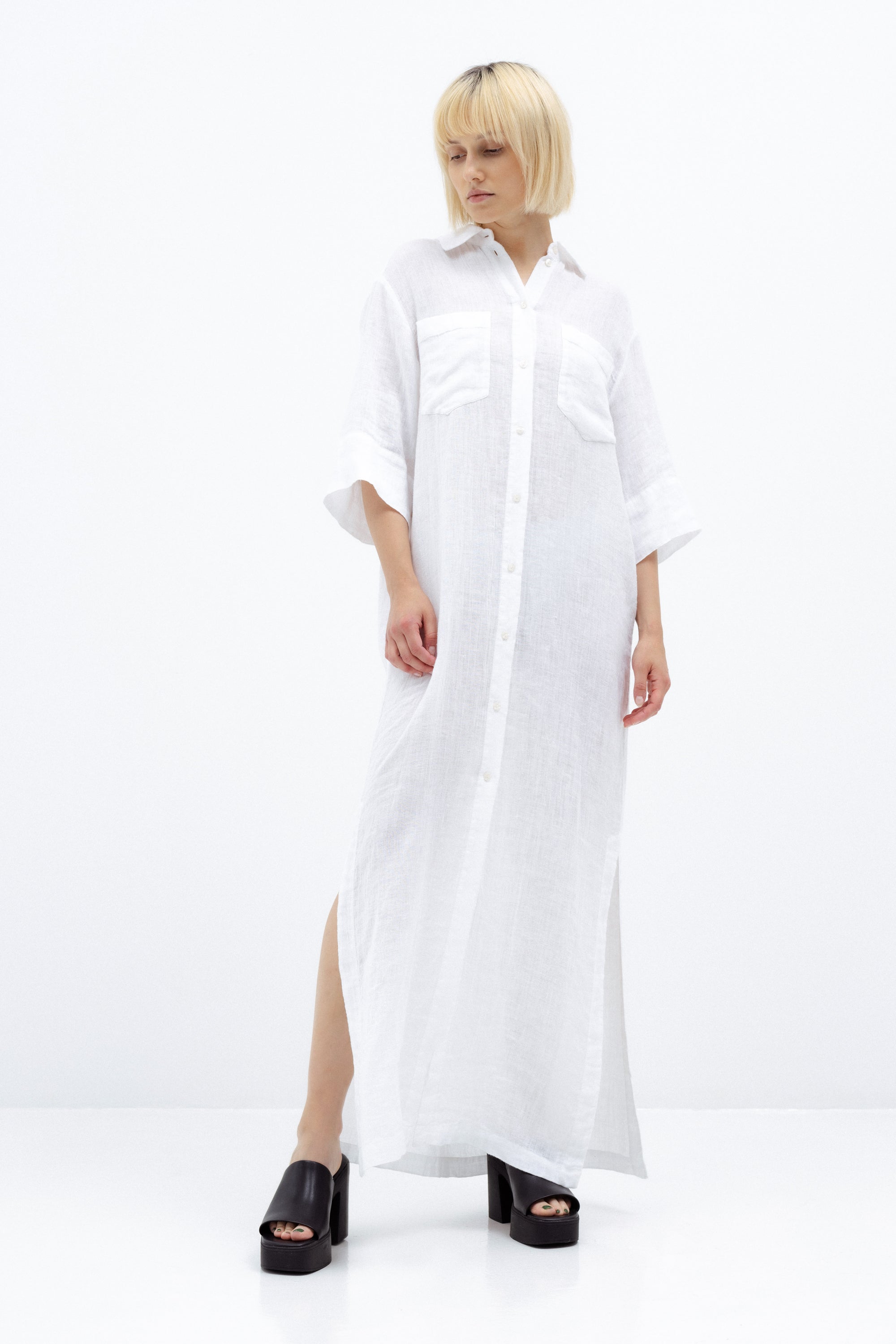 WHITE LINEN SHIRT DRESS