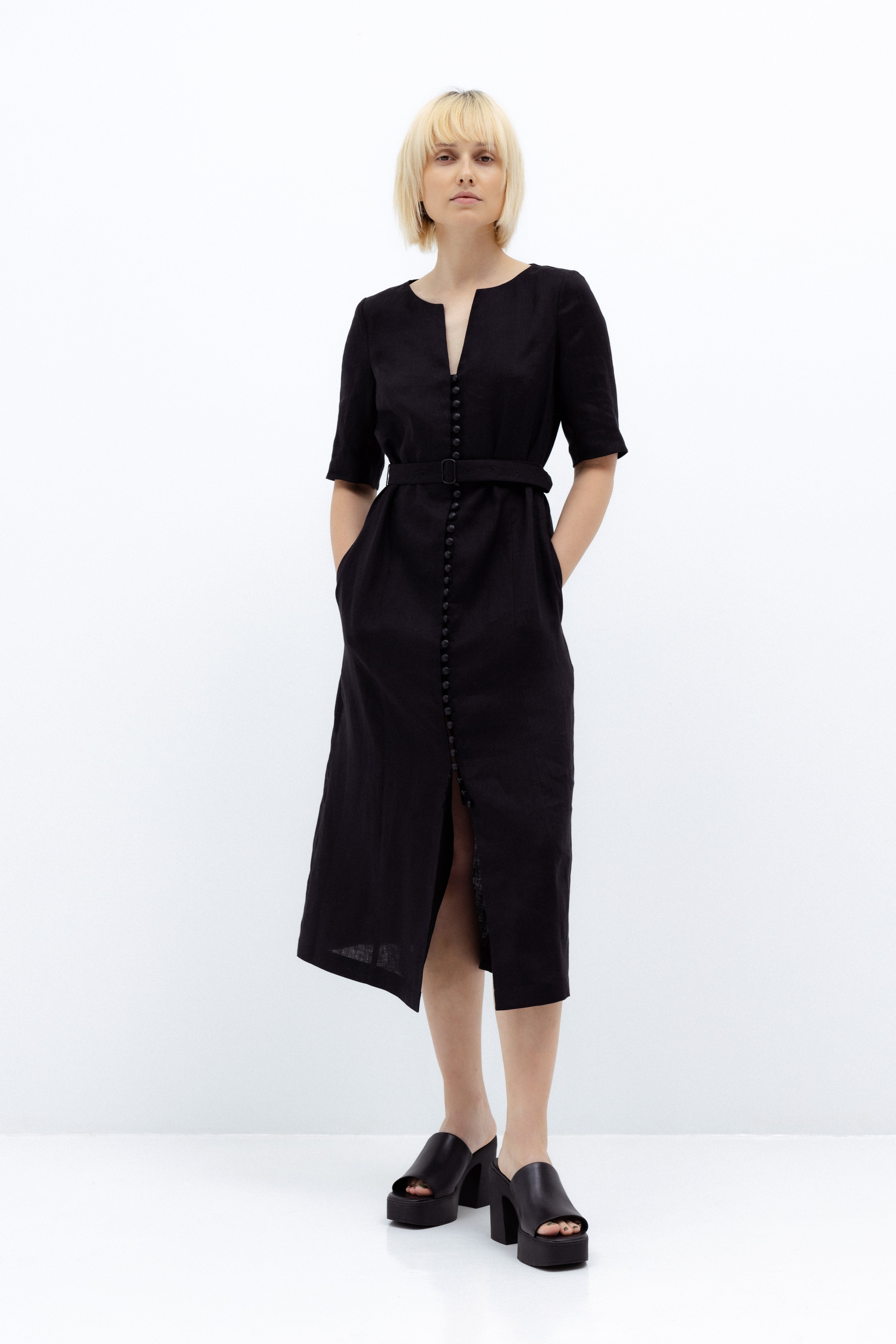 BLACK LINEN MIDI DRESS WITH BELT