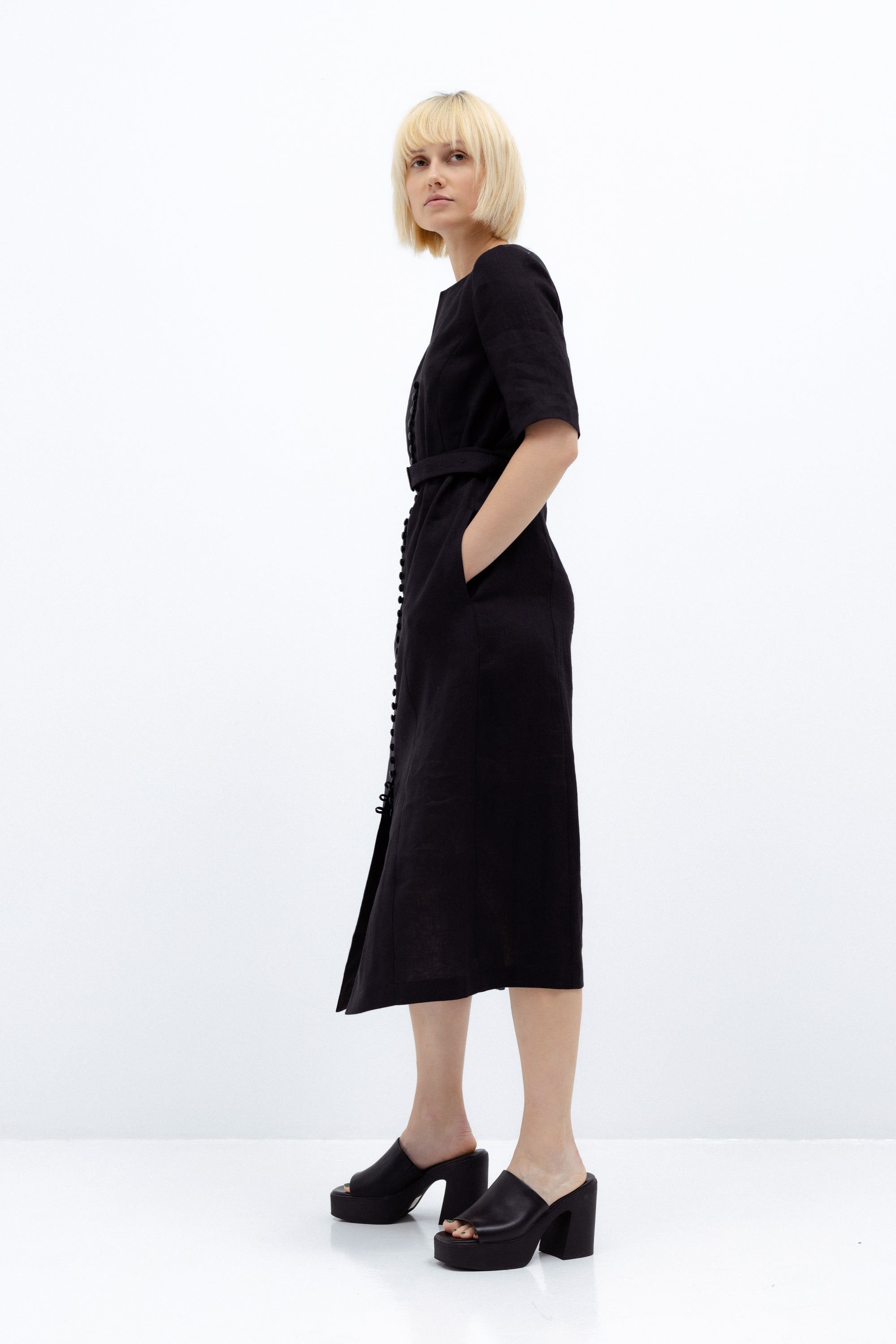 BLACK LINEN MIDI DRESS WITH BELT