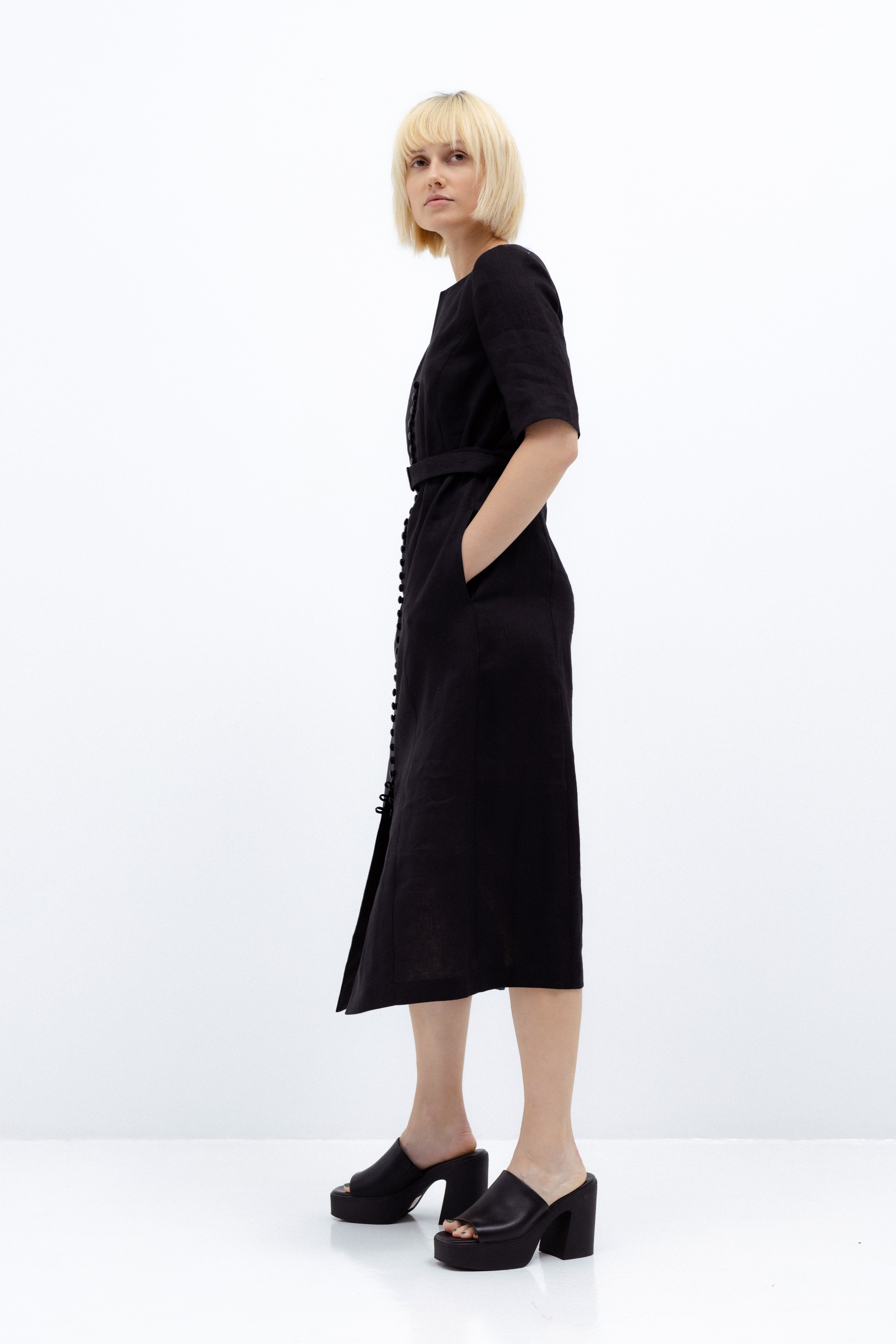 BLACK LINEN MIDI DRESS WITH BELT