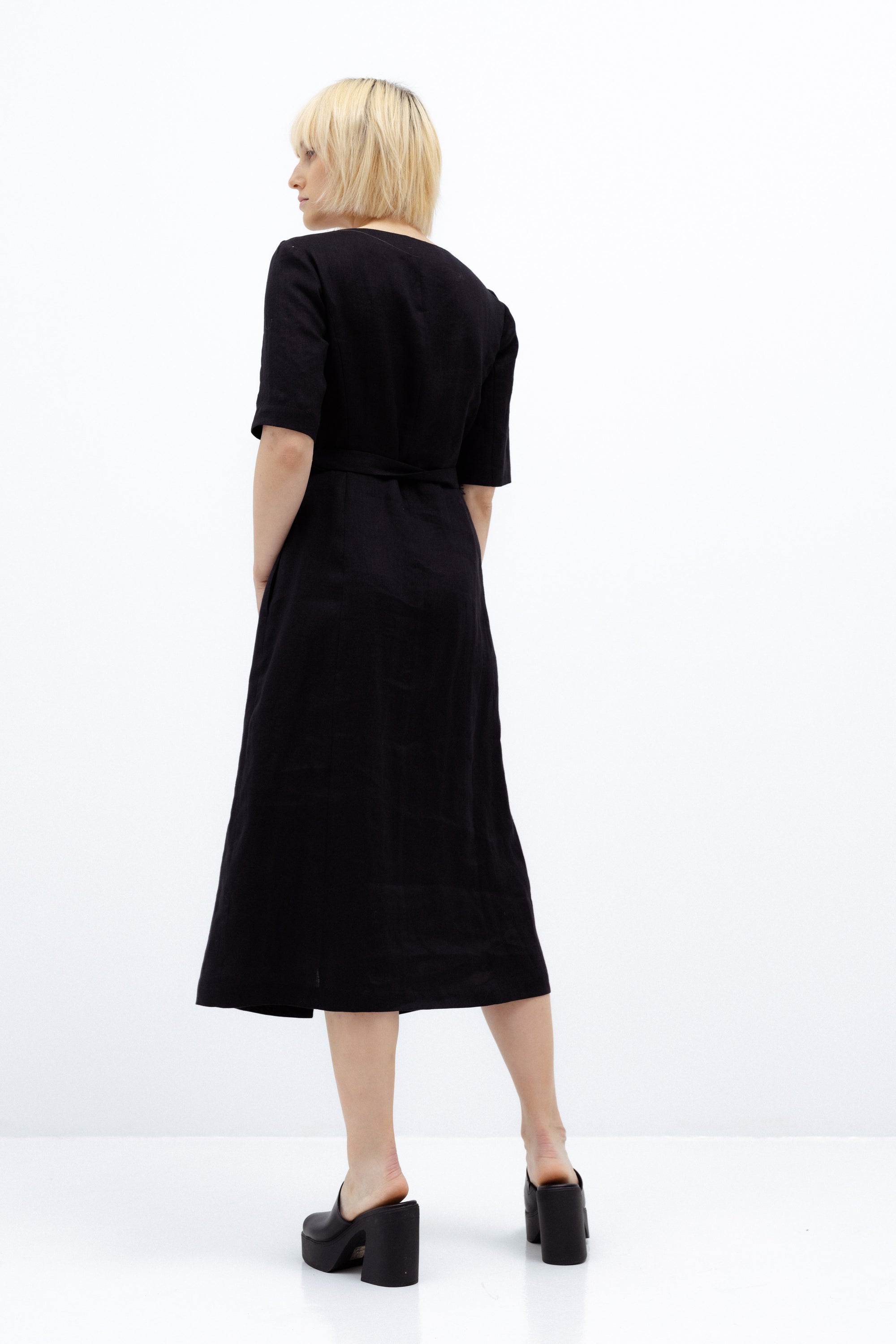 BLACK LINEN MIDI DRESS WITH BELT