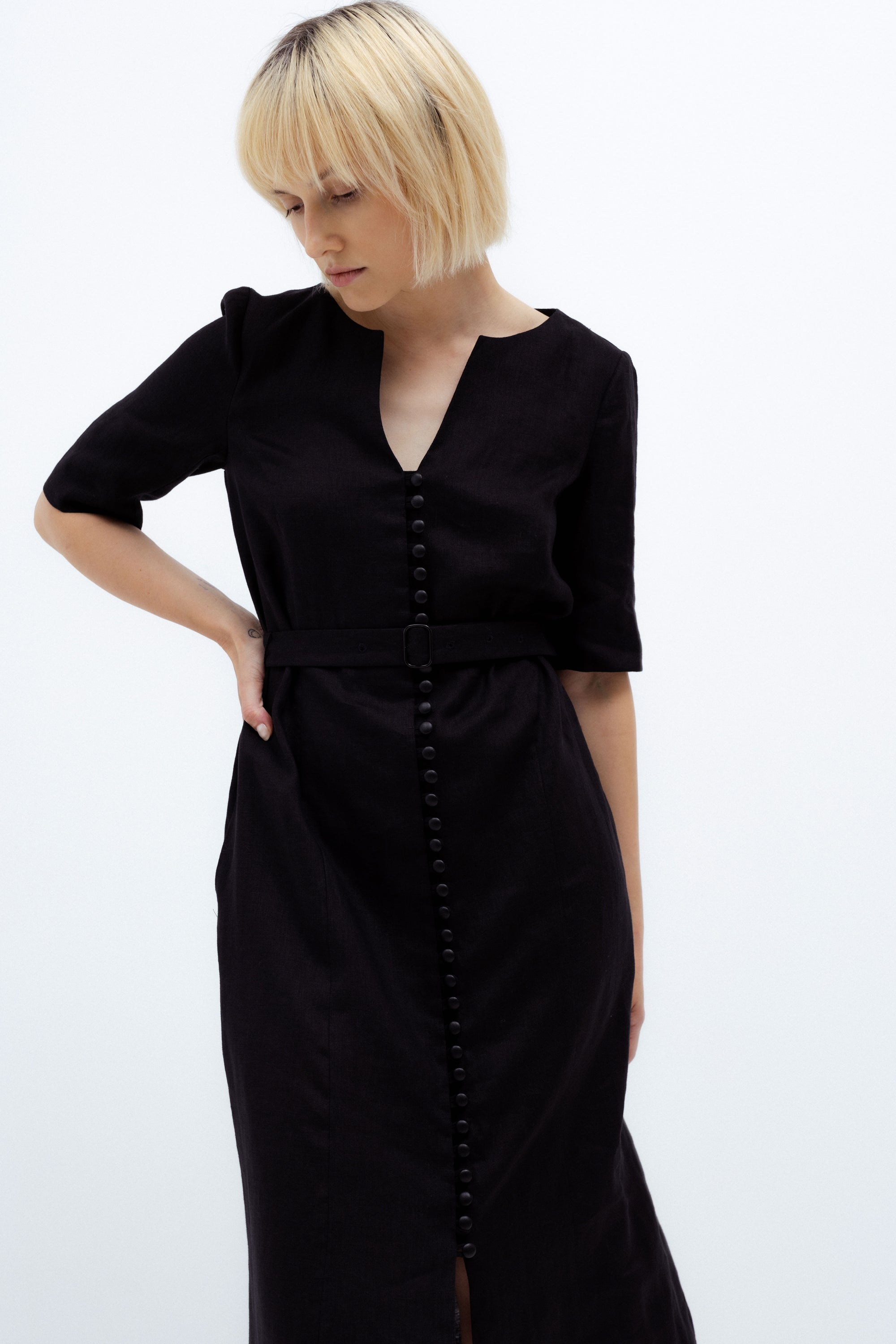 BLACK LINEN MIDI DRESS WITH BELT