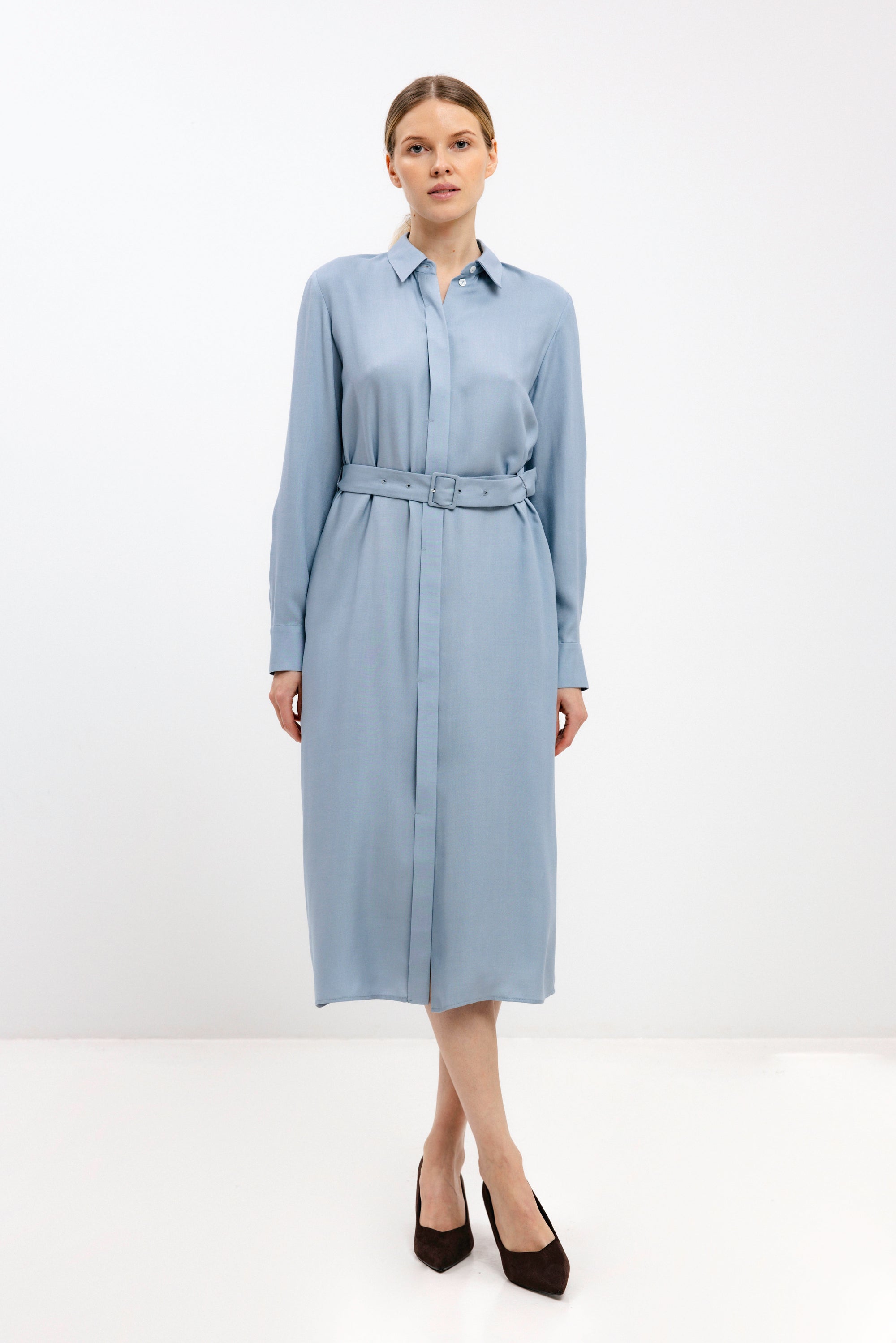 DUST BLUE BELTED SHIRT DRESS – InAvati