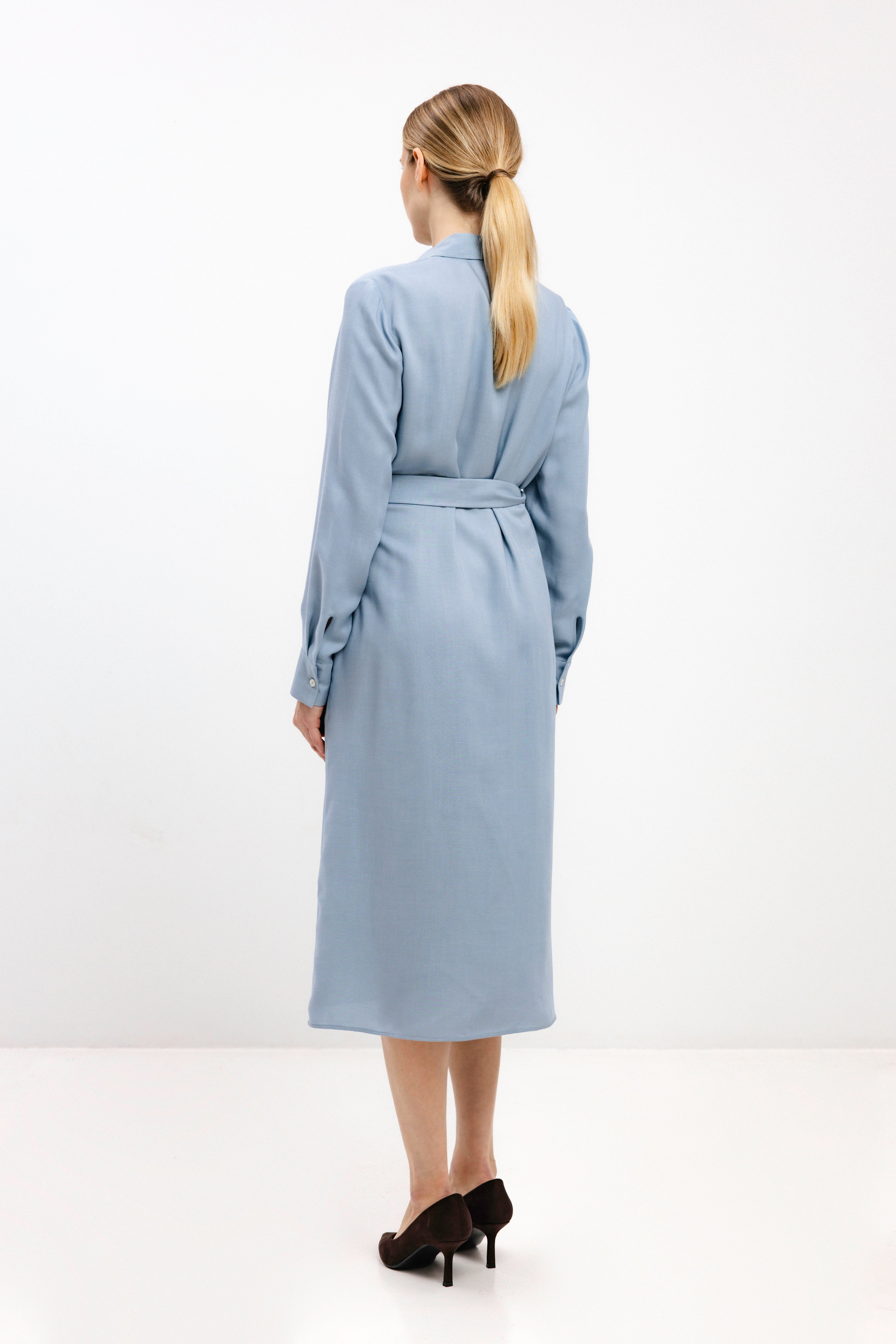 DUST BLUE BELTED SHIRT DRESS