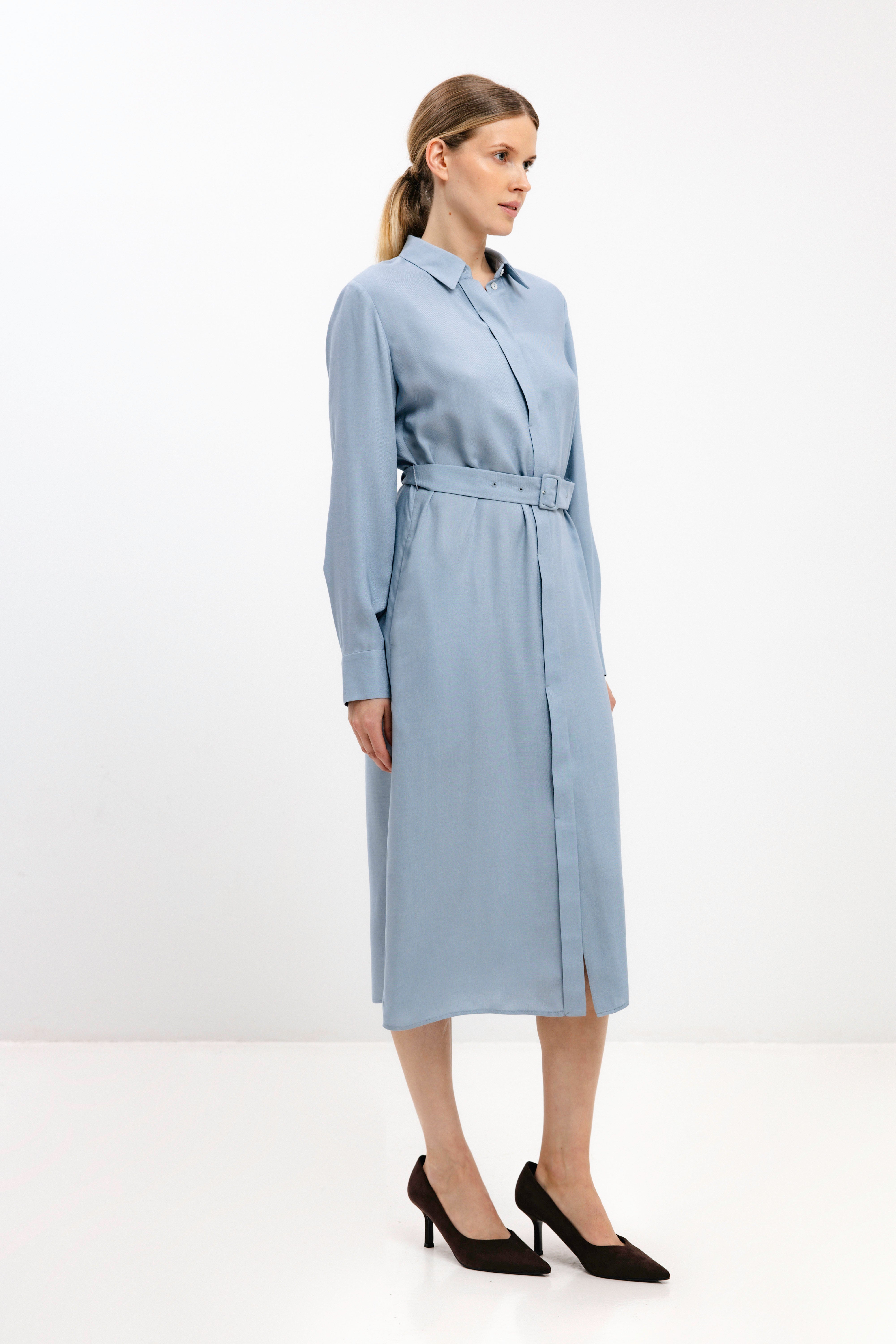 DUST BLUE BELTED SHIRT DRESS