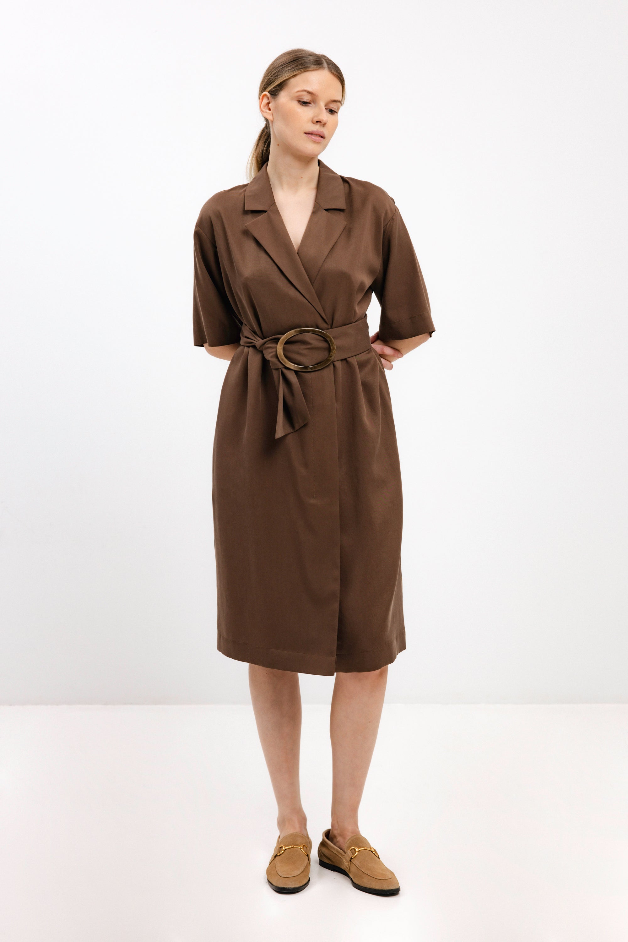 BELTED NUT BROWN WRAP DRESS WITH BELT – InAvati