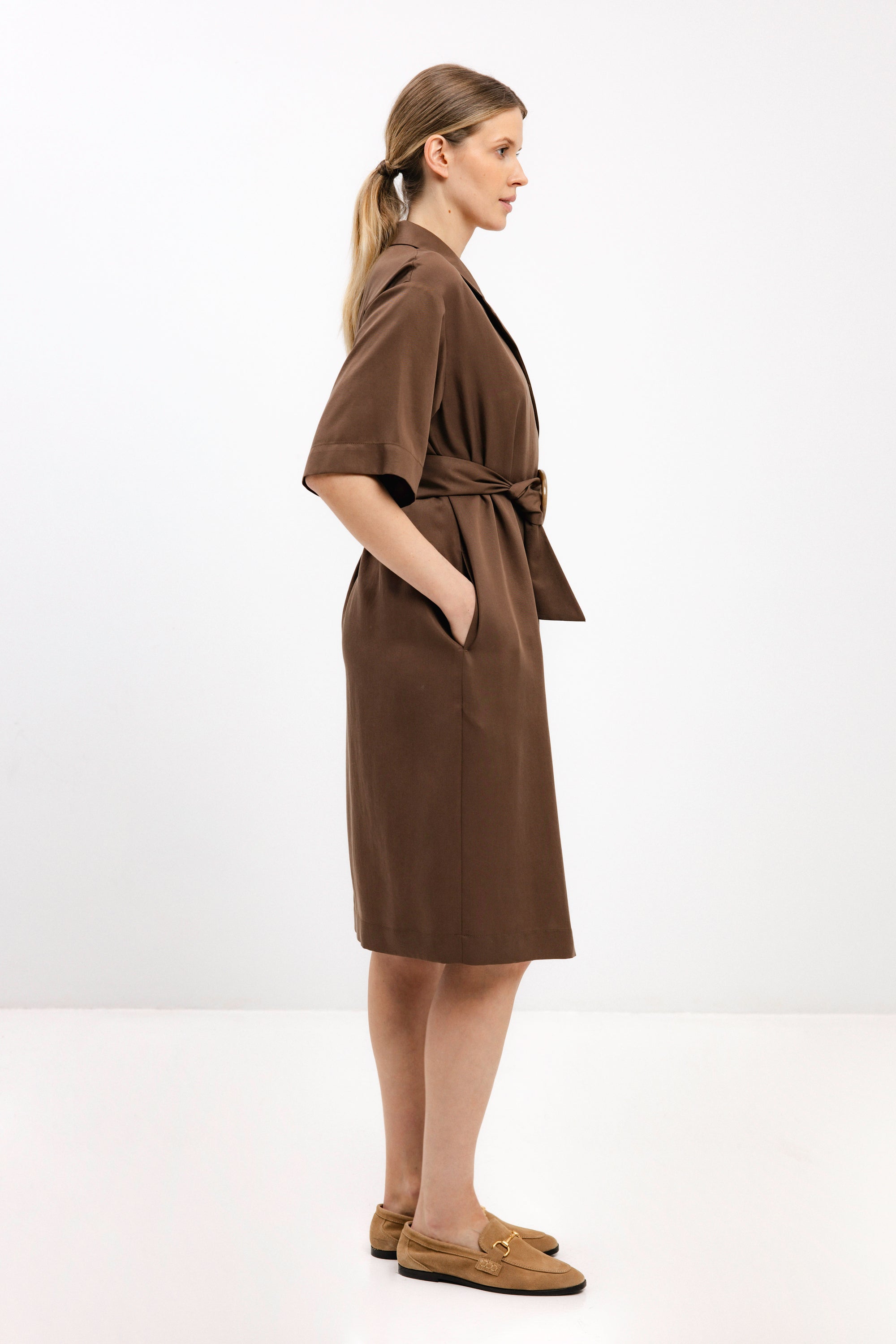 BELTED NUT BROWN WRAP DRESS WITH BELT