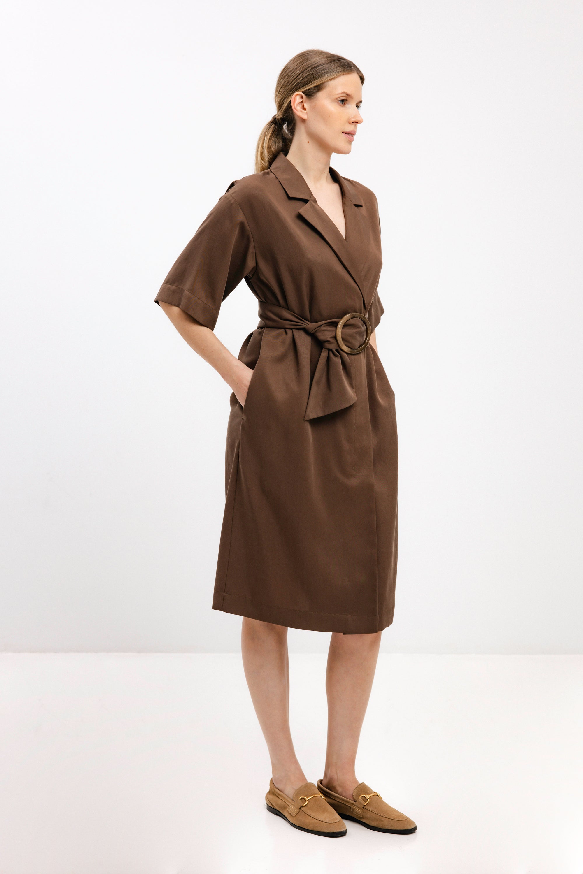 BELTED NUT BROWN WRAP DRESS WITH BELT