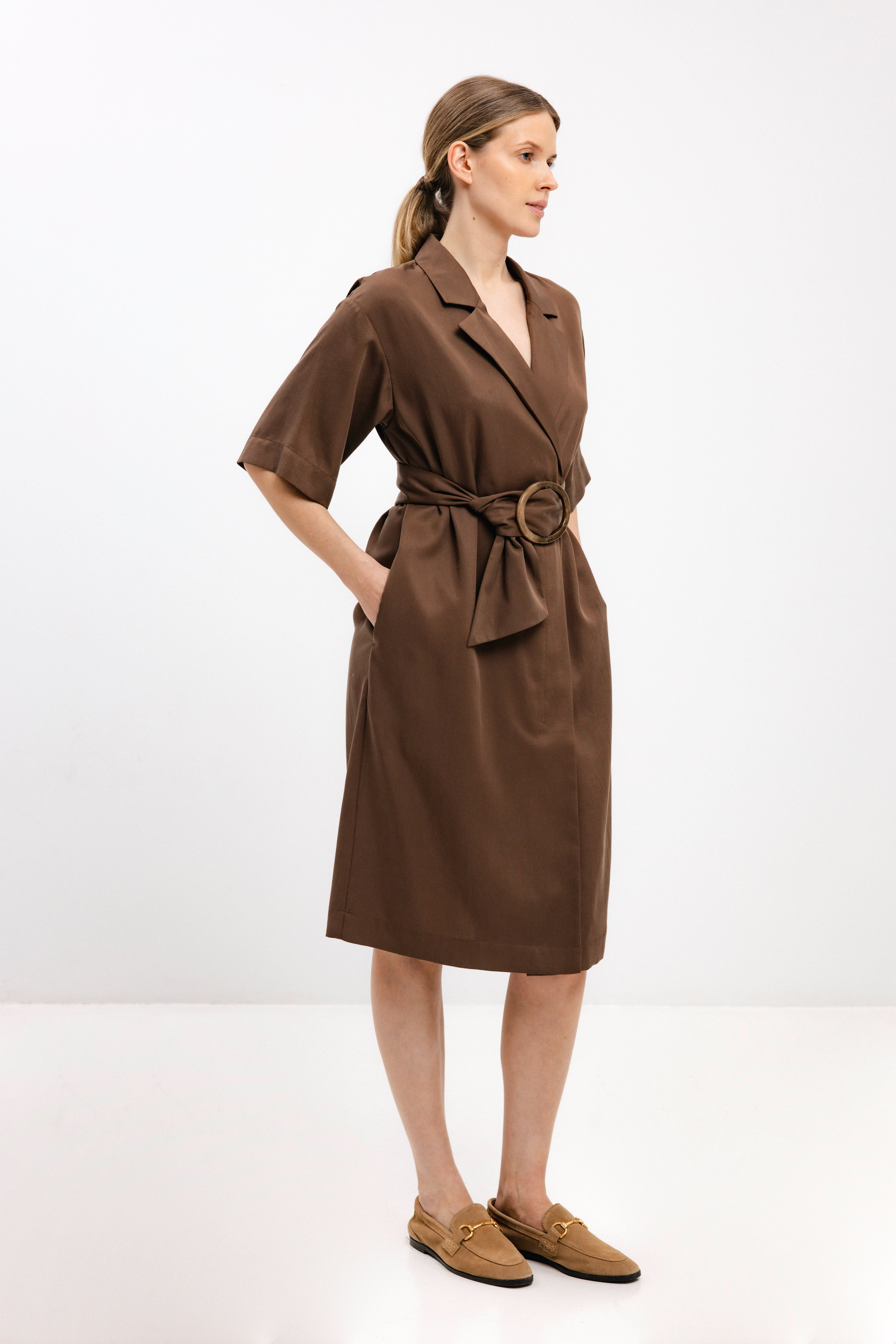 BELTED NUT BROWN WRAP DRESS WITH BELT
