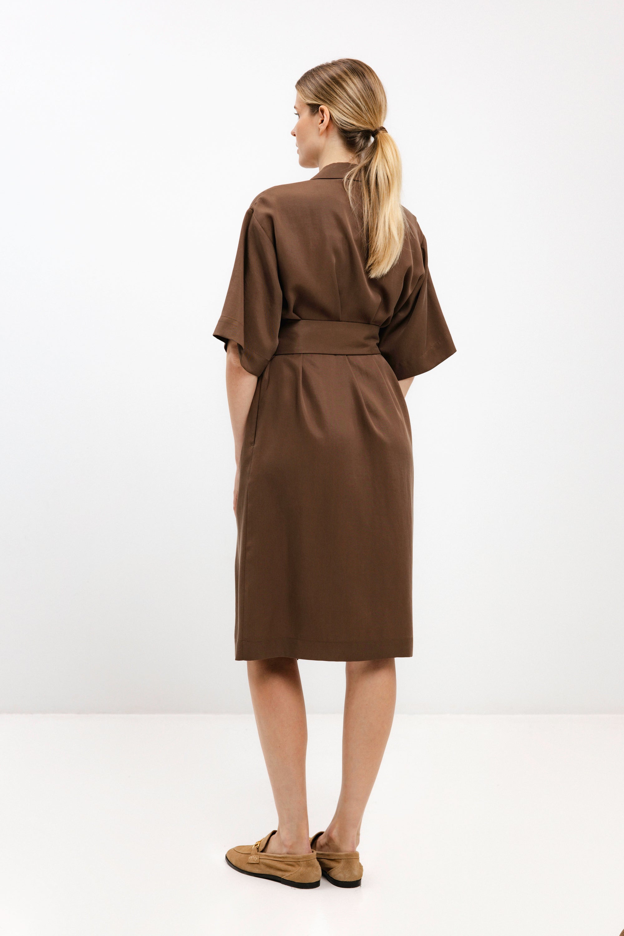 BELTED NUT BROWN WRAP DRESS WITH BELT