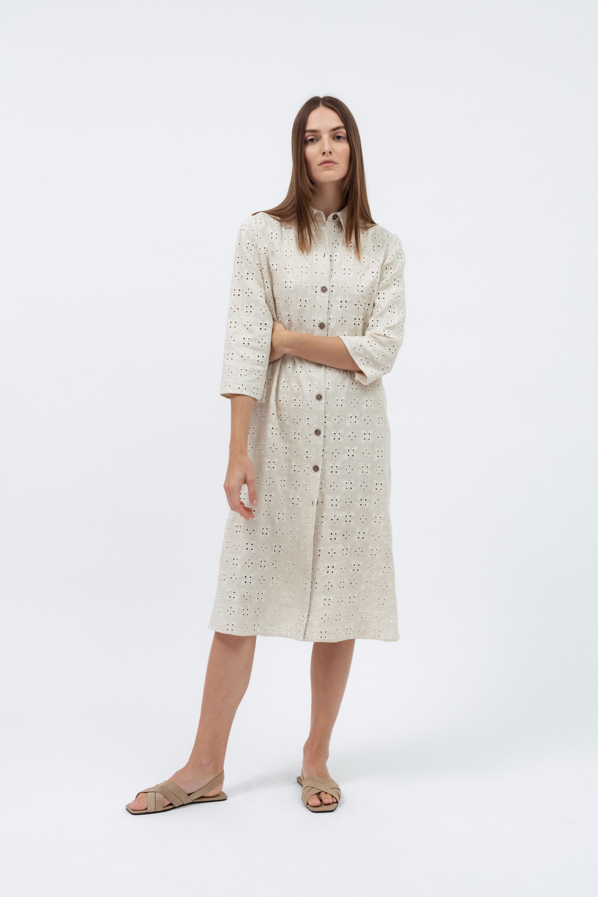 BEIGE BRODERIE MIDI SHIRT DRESS WITH LINEN