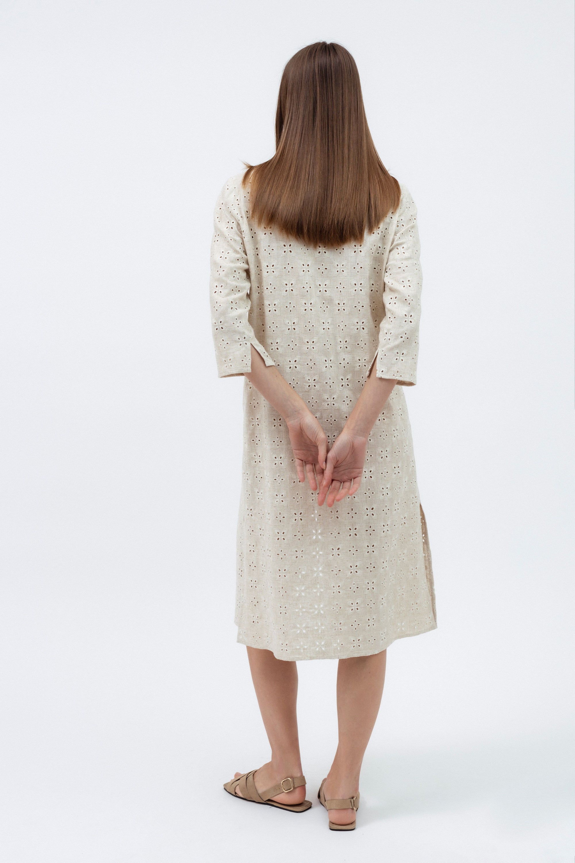 BEIGE BRODERIE MIDI SHIRT DRESS WITH LINEN InAvati BEIGE BRODERIE MIDI SHIRT DRESS WITH LINEN InAvati