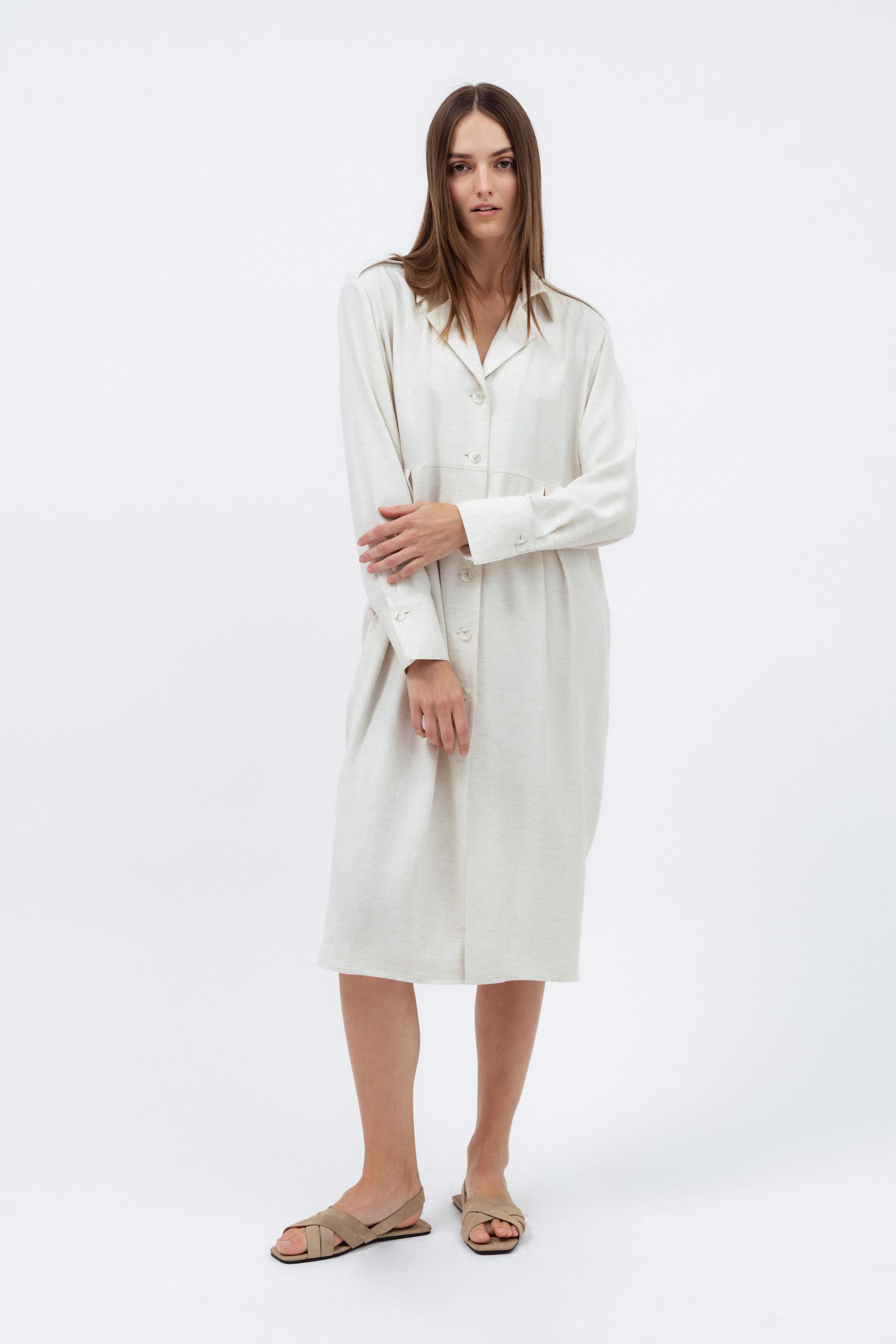 ECRU MIDI SHIRT DRESS WITH LINEN – InAvati