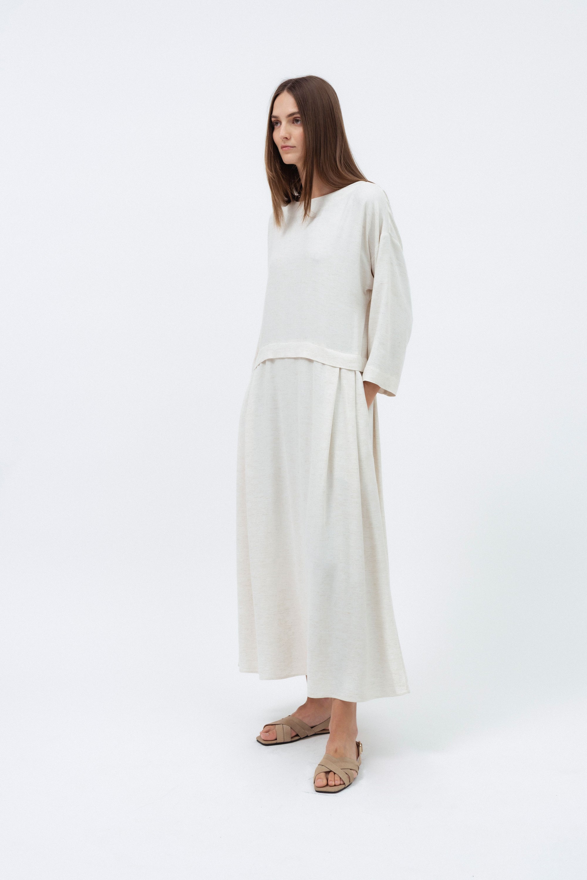 ECRU RELAXED MAXI DRESS WITH LINEN