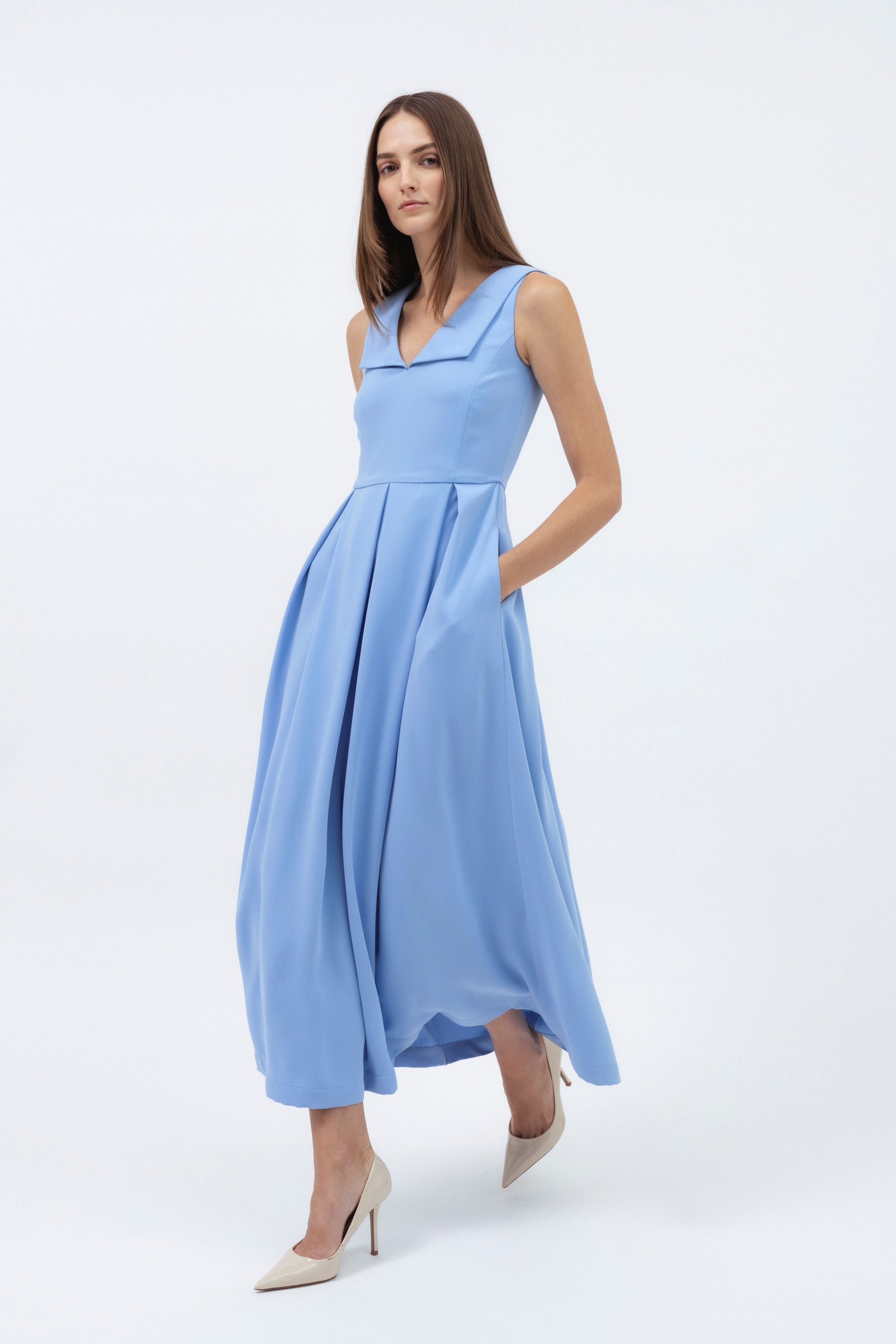 LIGHT BLUE A-LINE MIDI DRESS InAvati LIGHT BLUE A-LINE MIDI DRESS InAvati