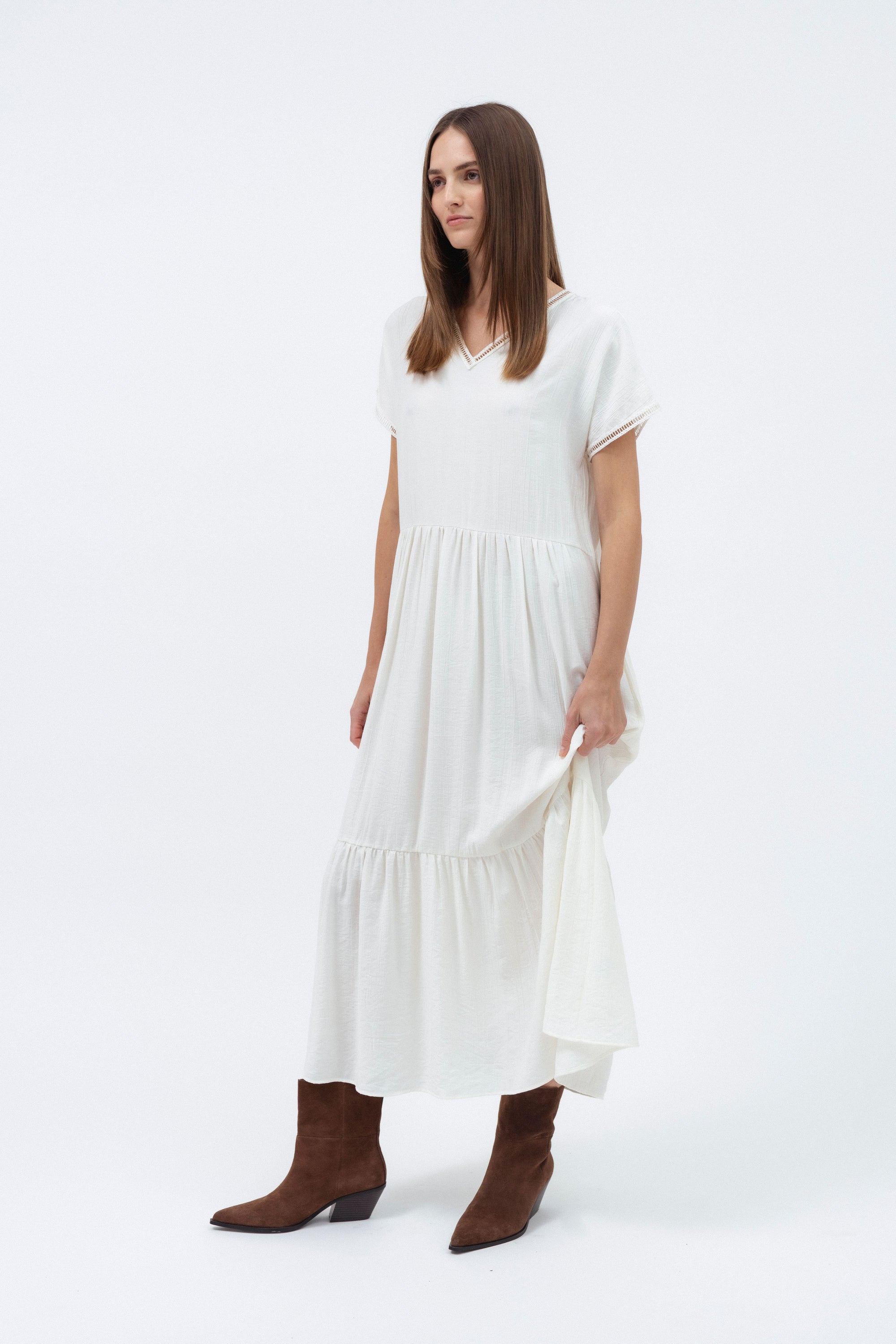 MILK TIERED MIDI DRESS WITH SHORT SLEEVES