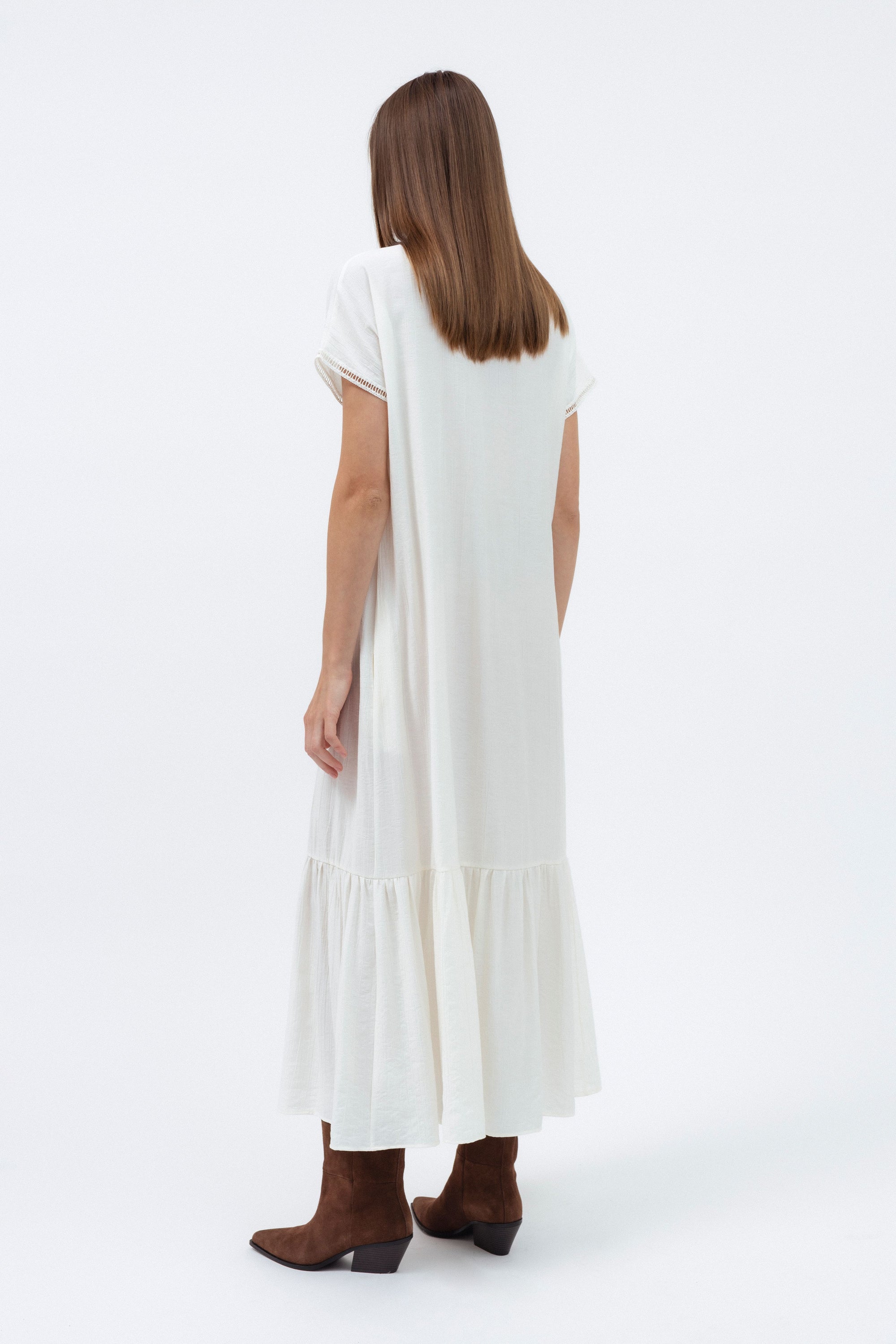 MILK TIERED MIDI DRESS WITH SHORT SLEEVES