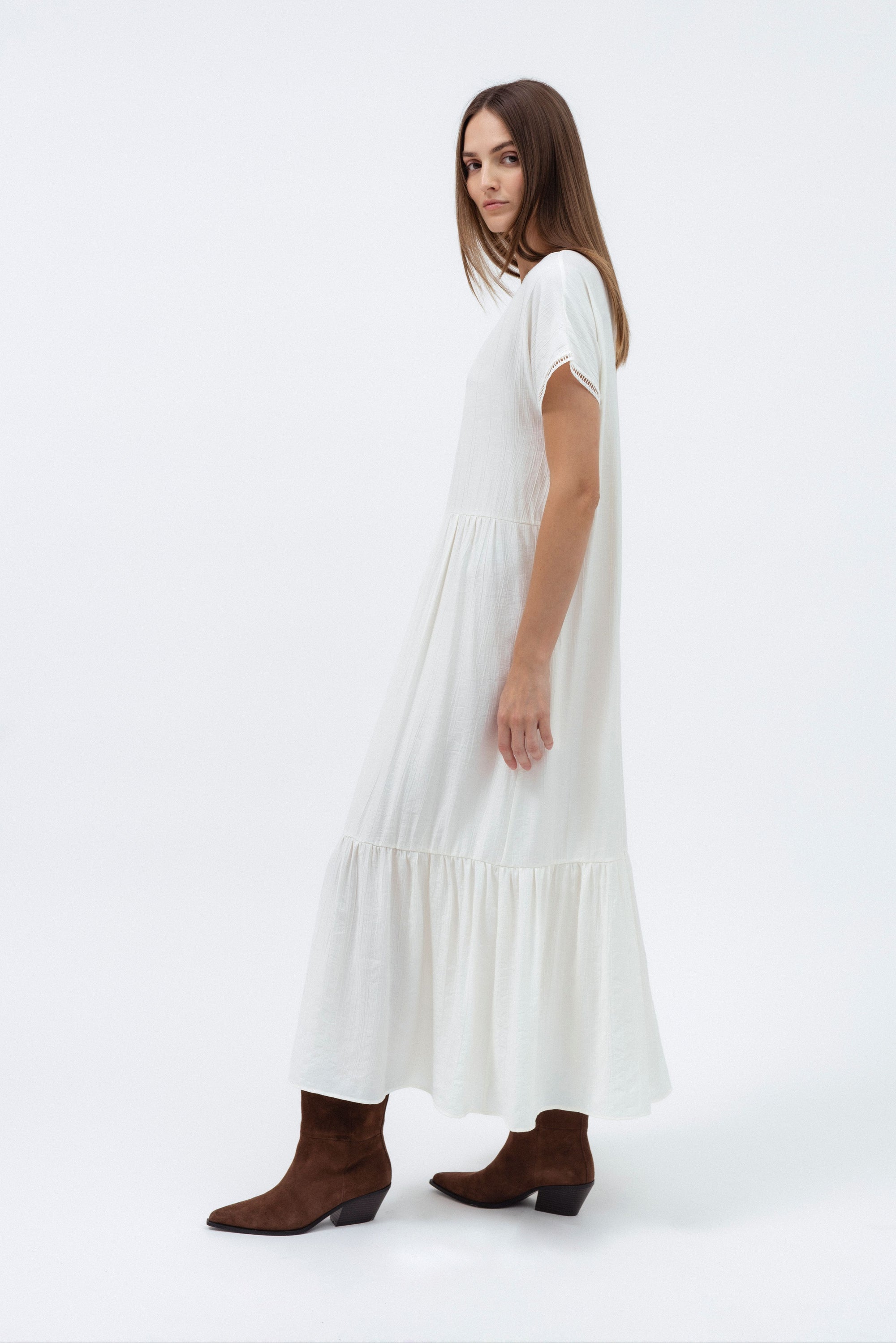 MILK TIERED MIDI DRESS WITH SHORT SLEEVES