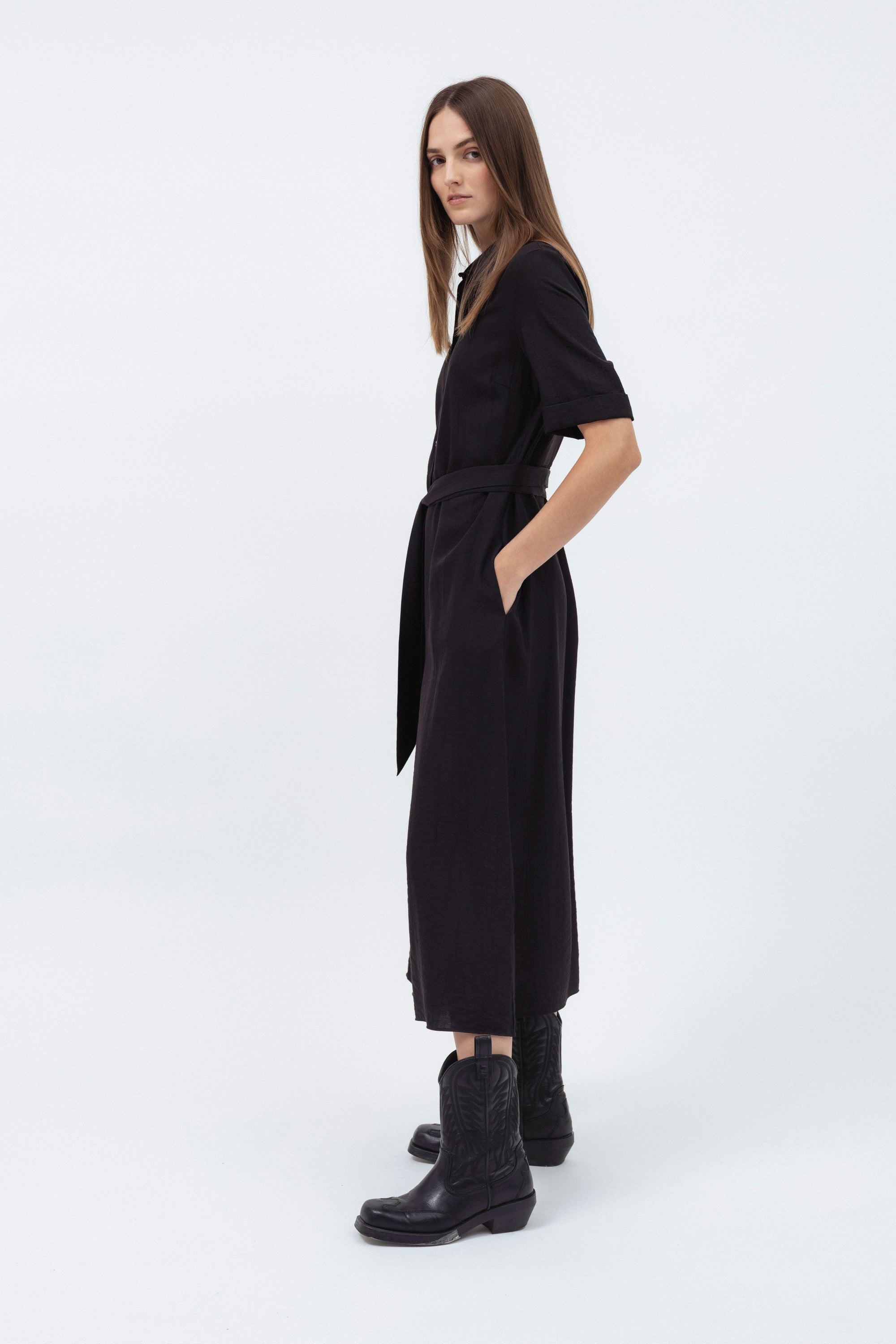 BLACK MIDI SHIRT DRESS WITH BELT
