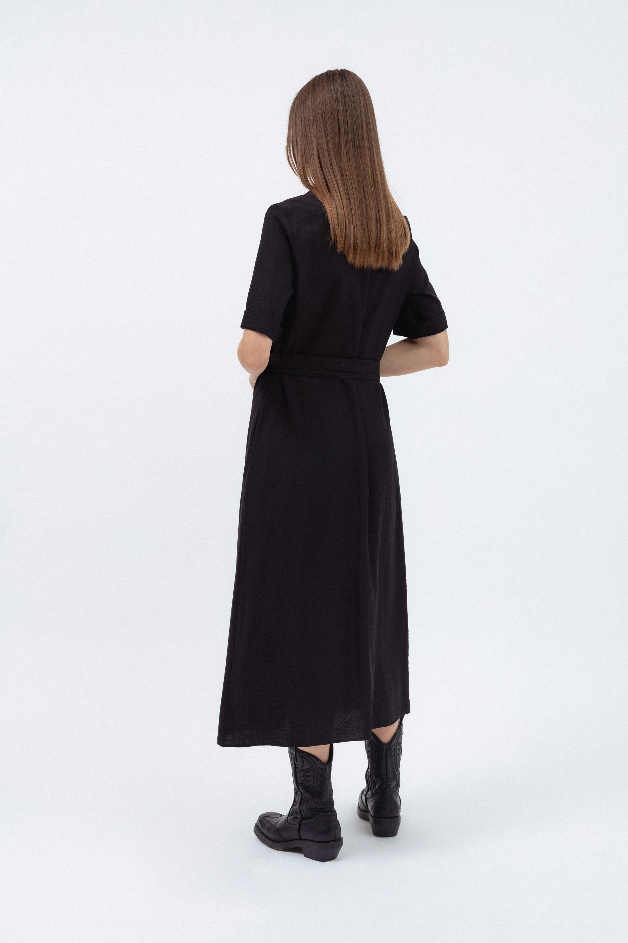 BLACK MIDI SHIRT DRESS WITH BELT