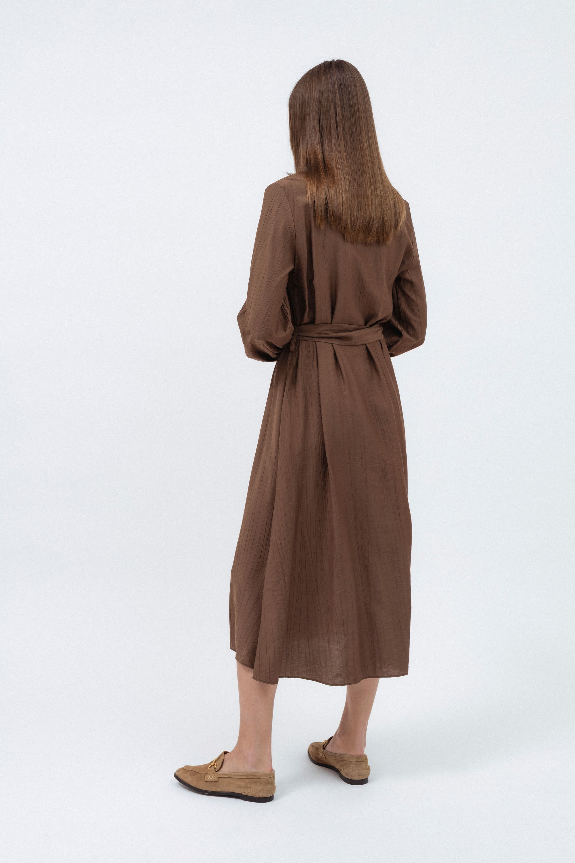 brown dress with belt LINEN BLEND MIDI DRESS WITH BELT - Brown / Taupe