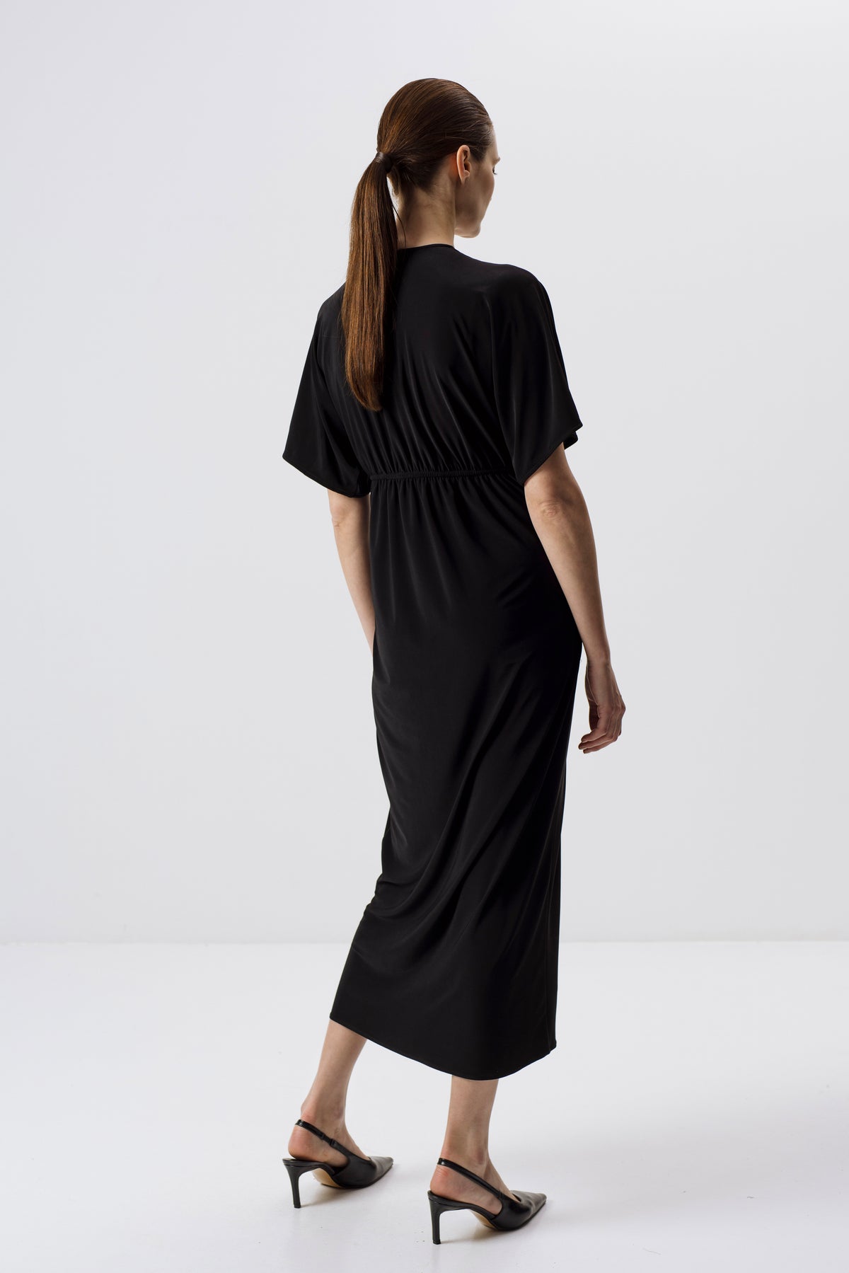 BLACK DRAPED MIDI DRESS