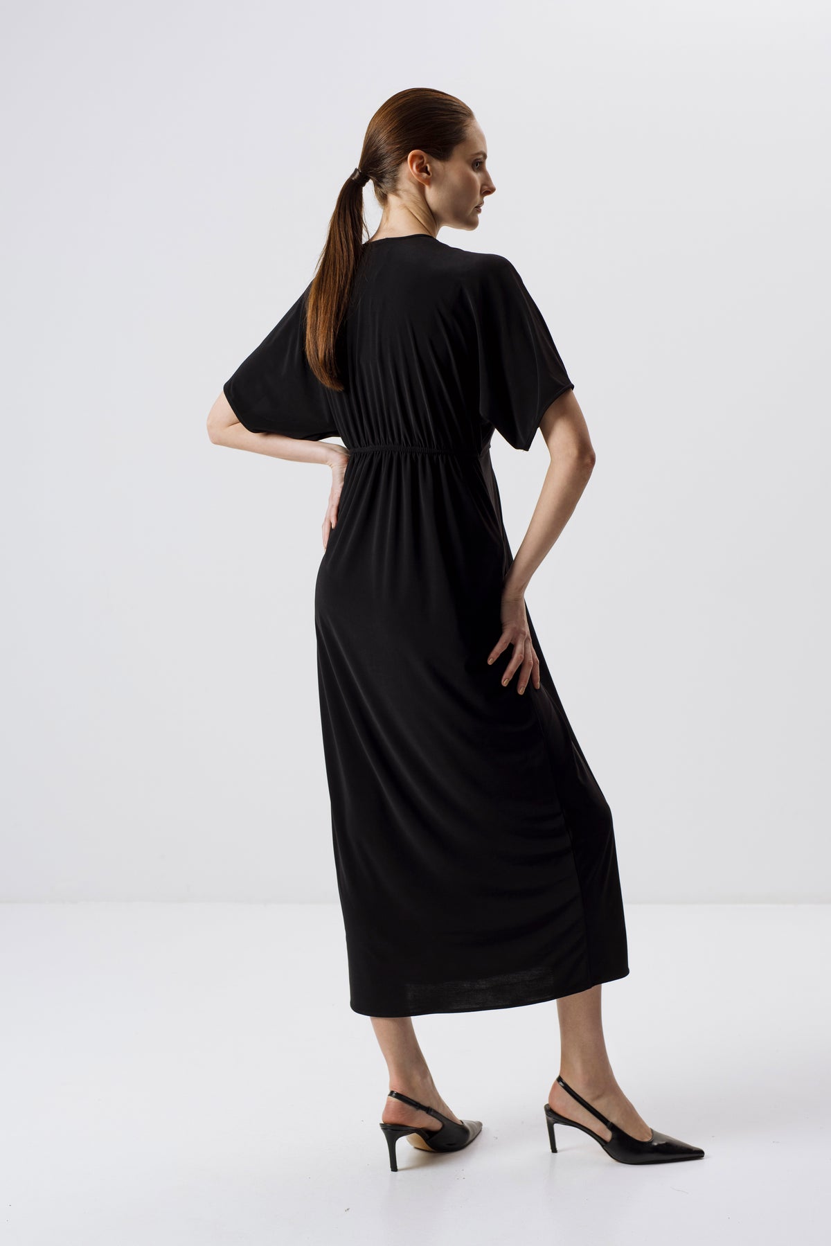 BLACK DRAPED MIDI DRESS