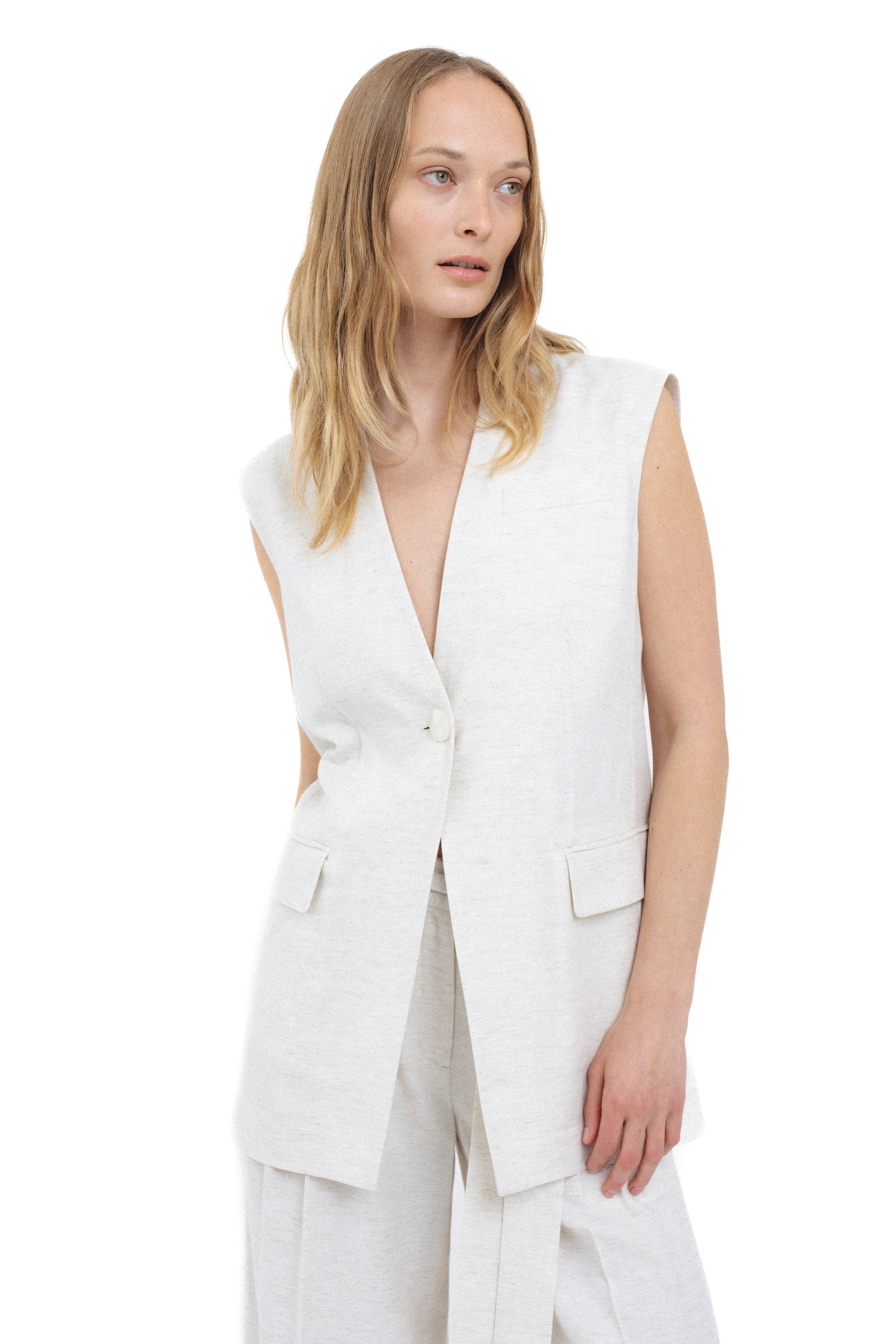ECRU LONG VEST WITH LINEN