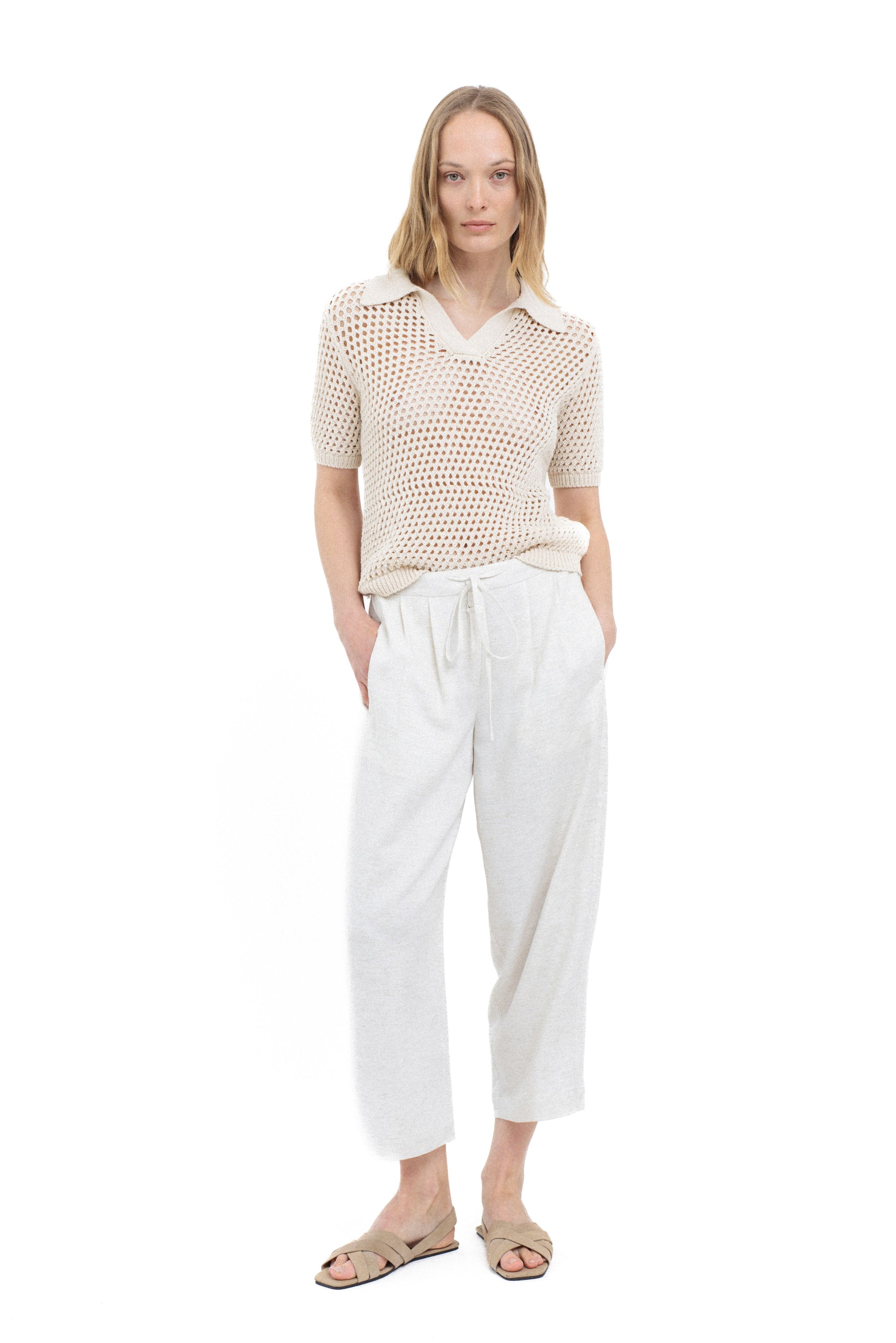 BEIGE OPEN-KNIT POLO SWEATER