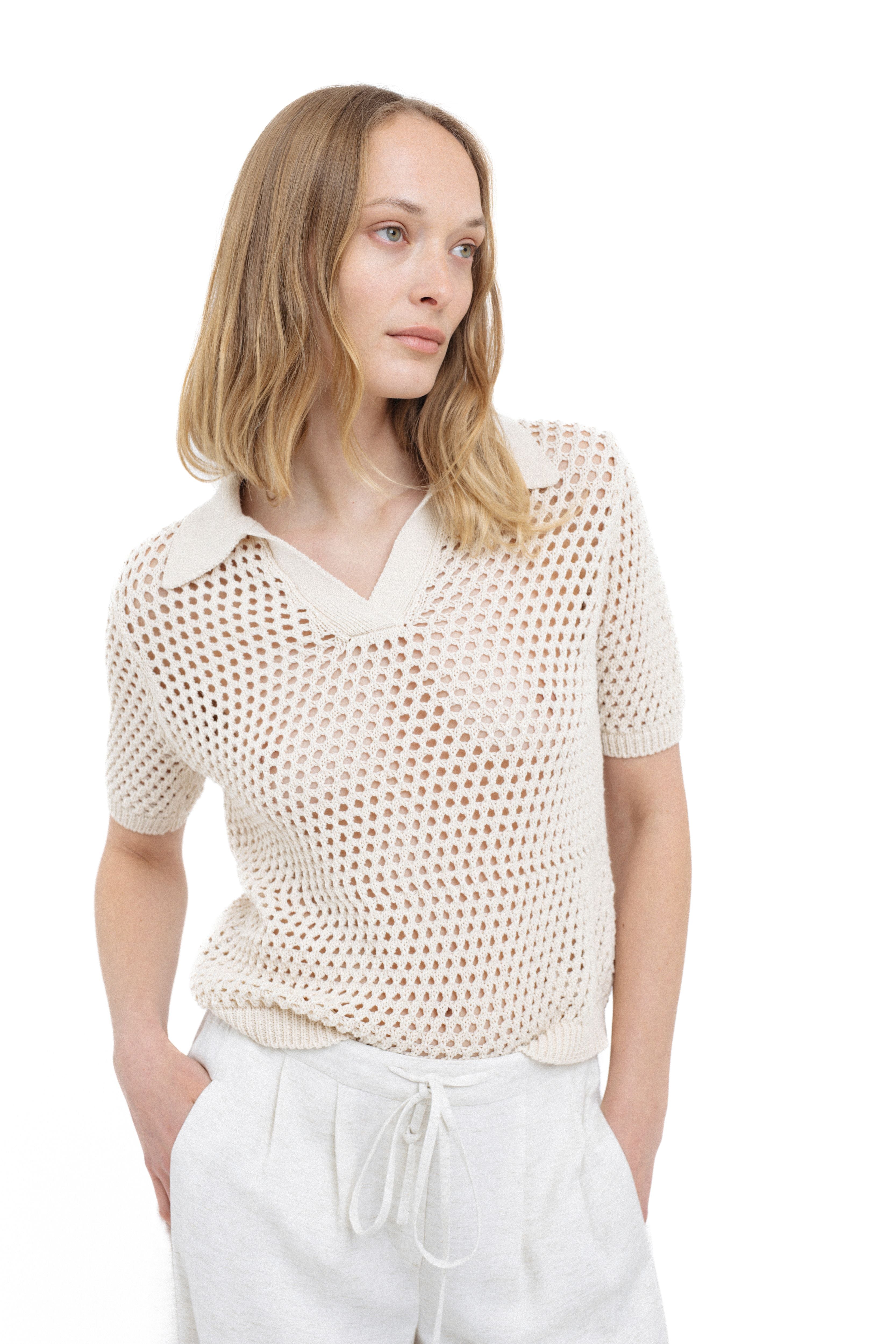 BEIGE OPEN-KNIT POLO SWEATER – InAvati