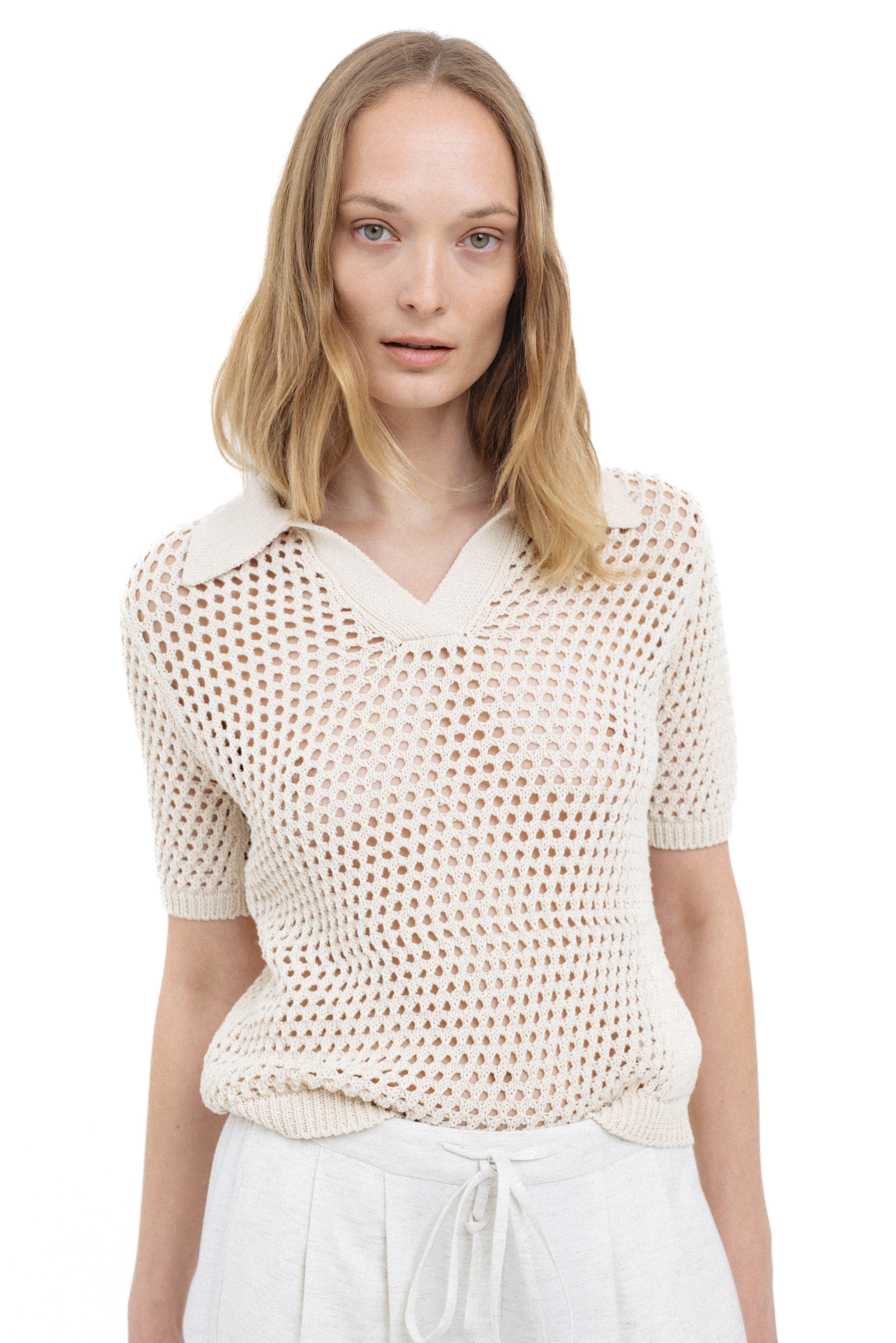 BEIGE OPEN-KNIT POLO SWEATER – InAvati