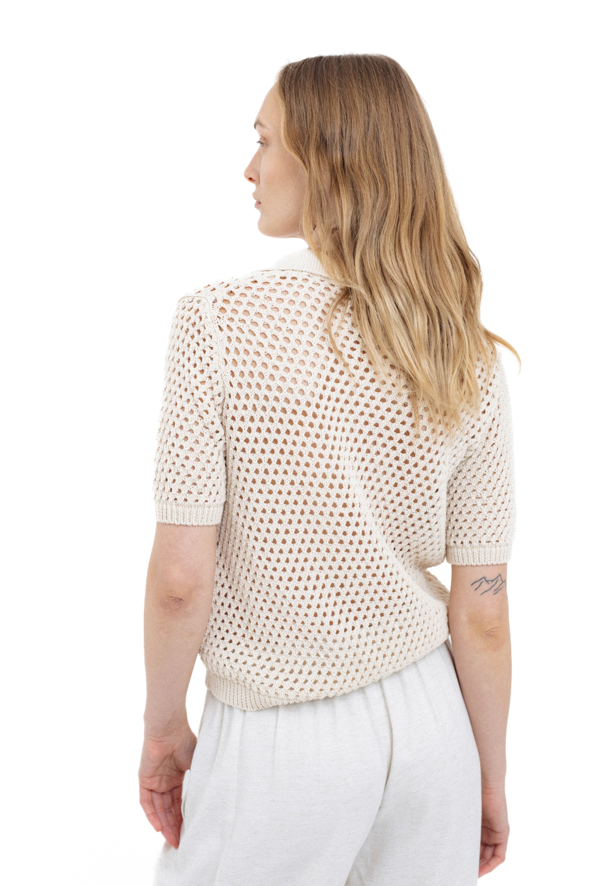 BEIGE OPEN-KNIT POLO SWEATER