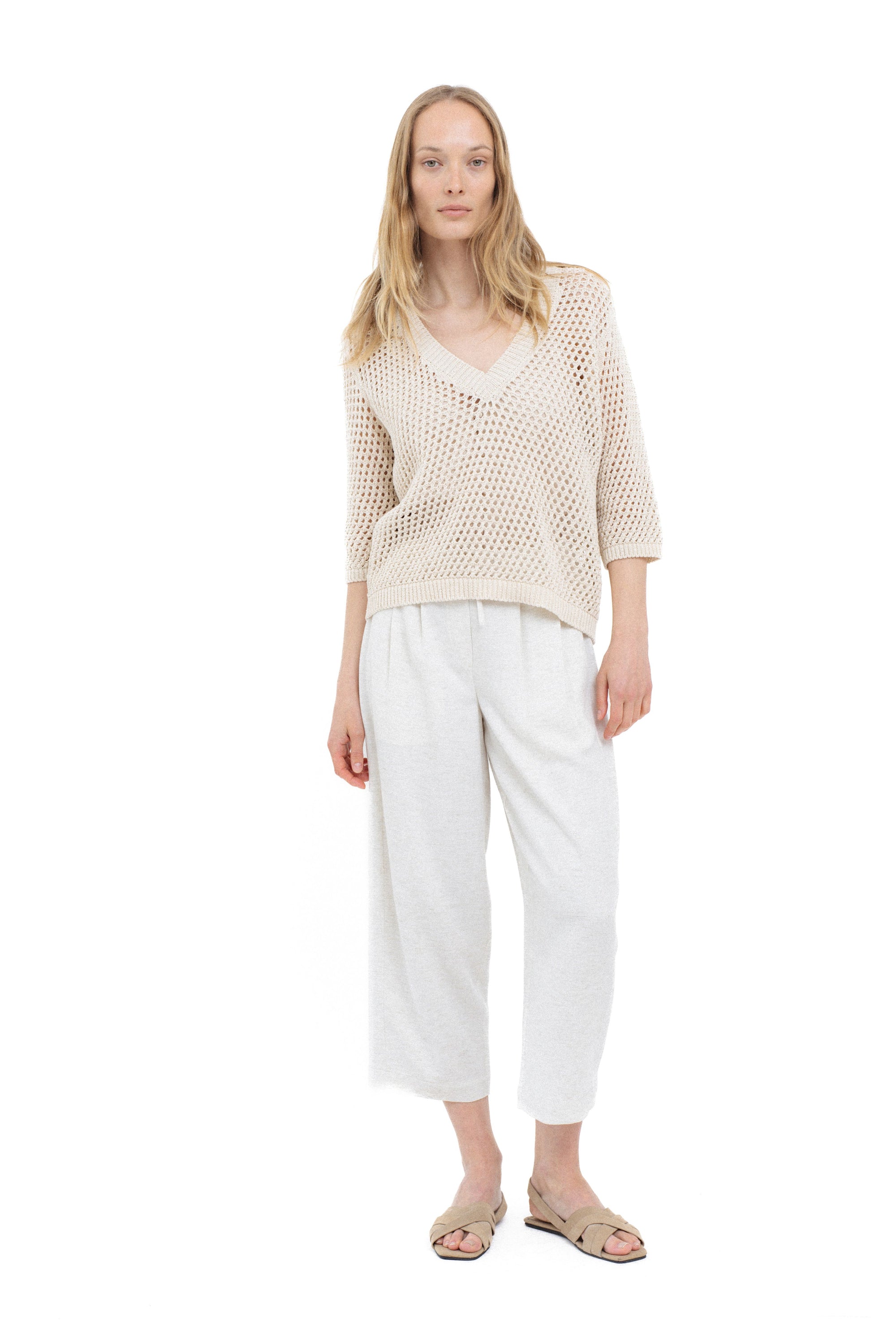 BEIGE OPEN-KNIT SWEATER WITH V-NECK