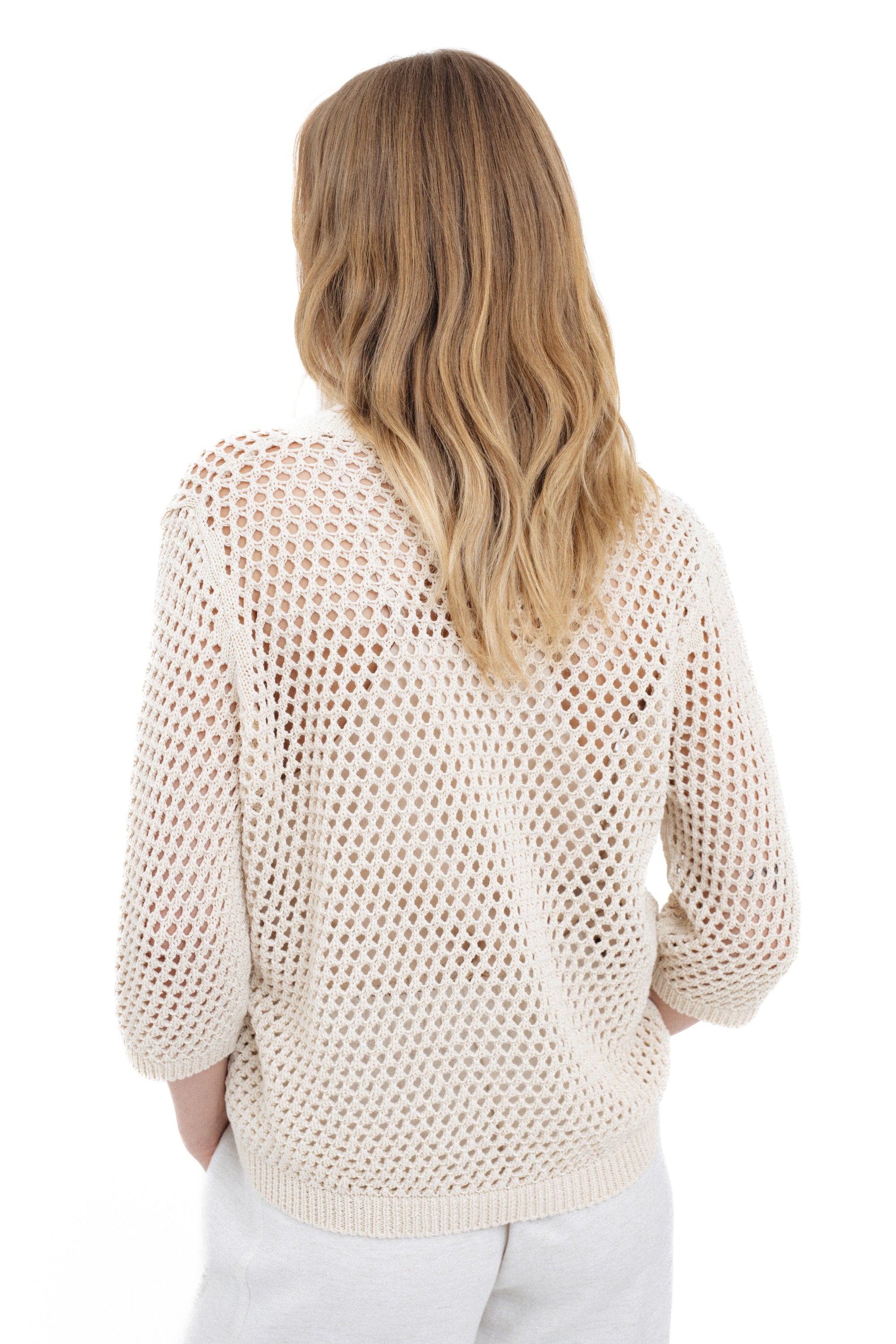 BEIGE OPEN-KNIT SWEATER WITH V-NECK