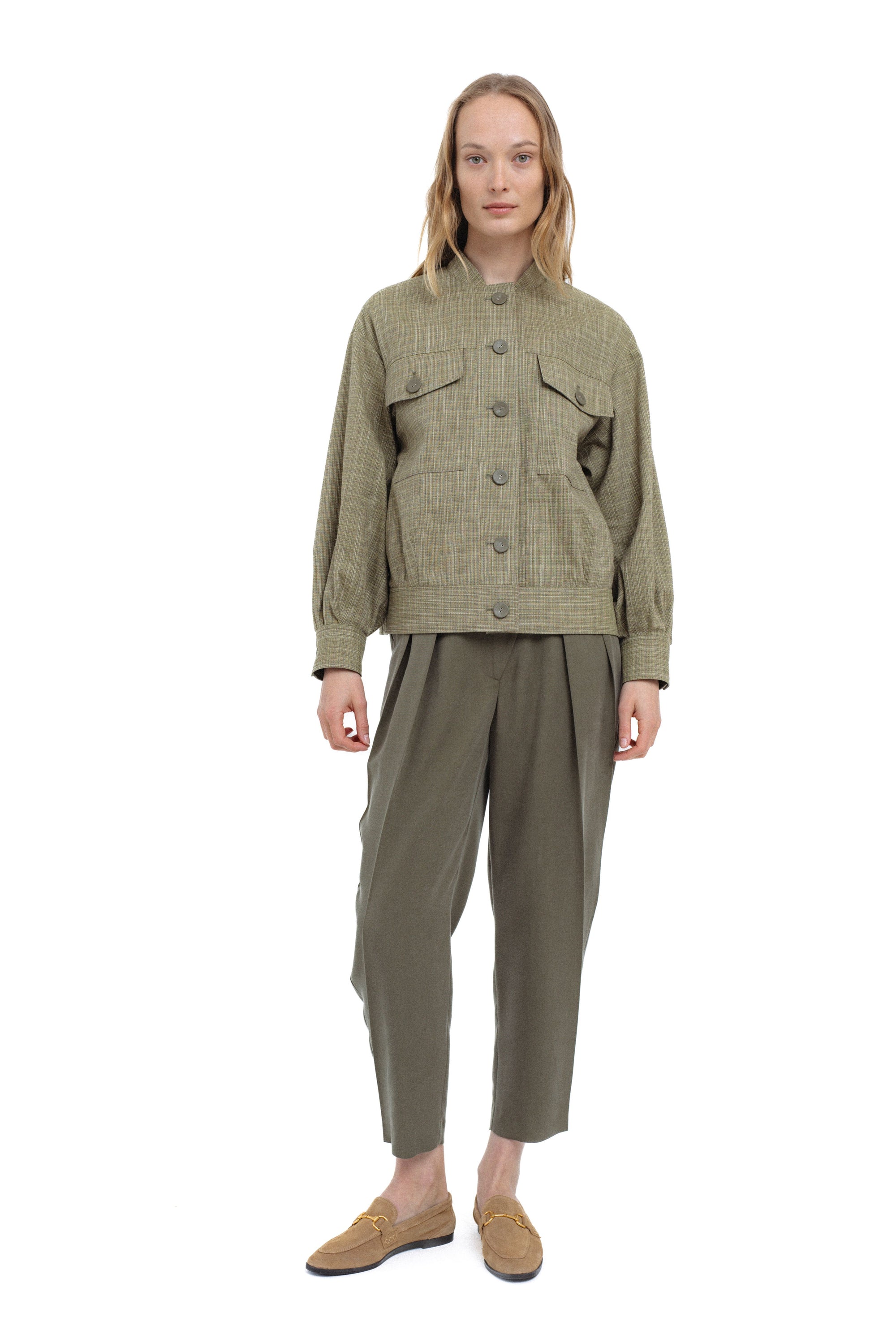 SAGE CHECKED BOMBER JACKET