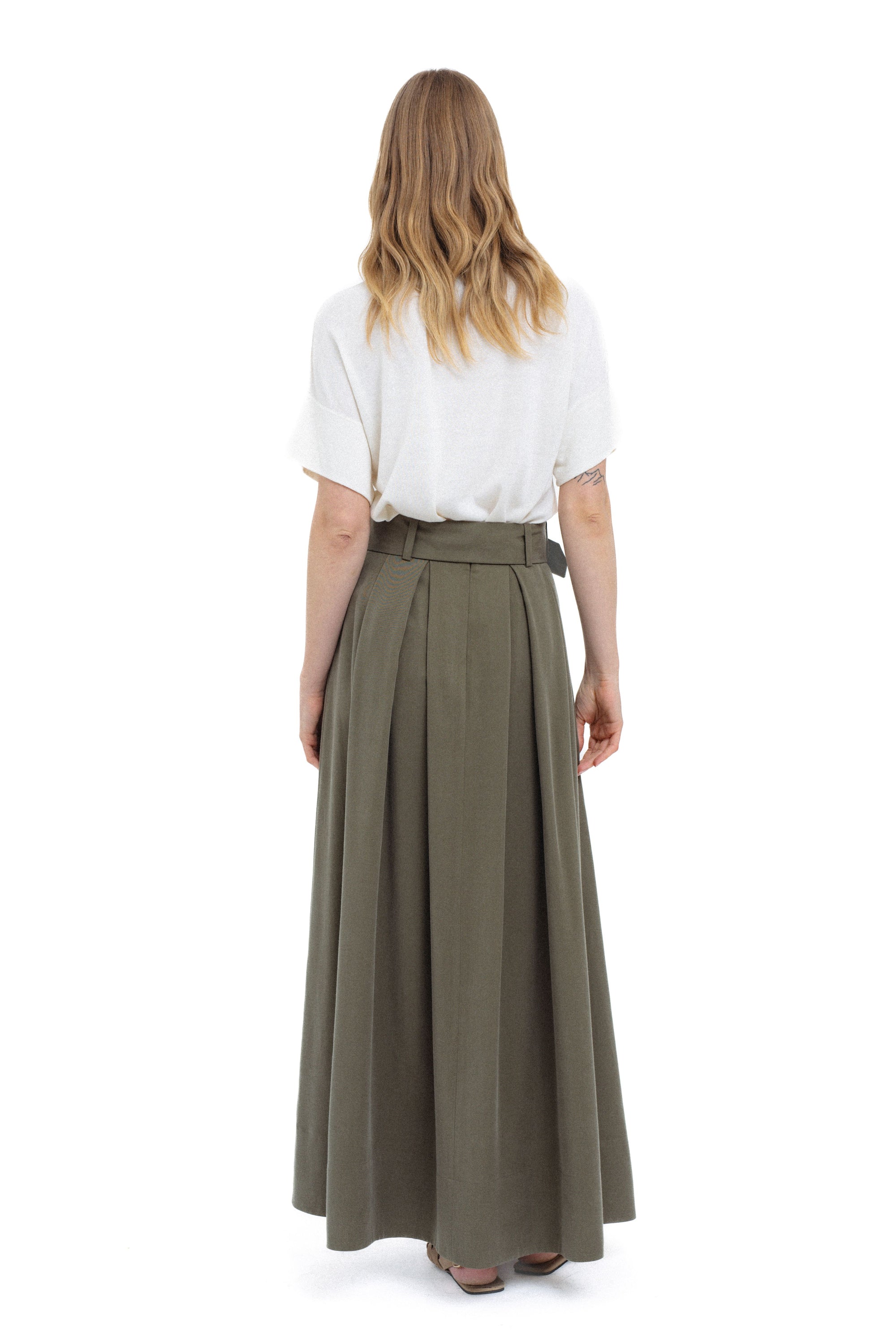 KHAKI MAXI PLEATED SKIRT