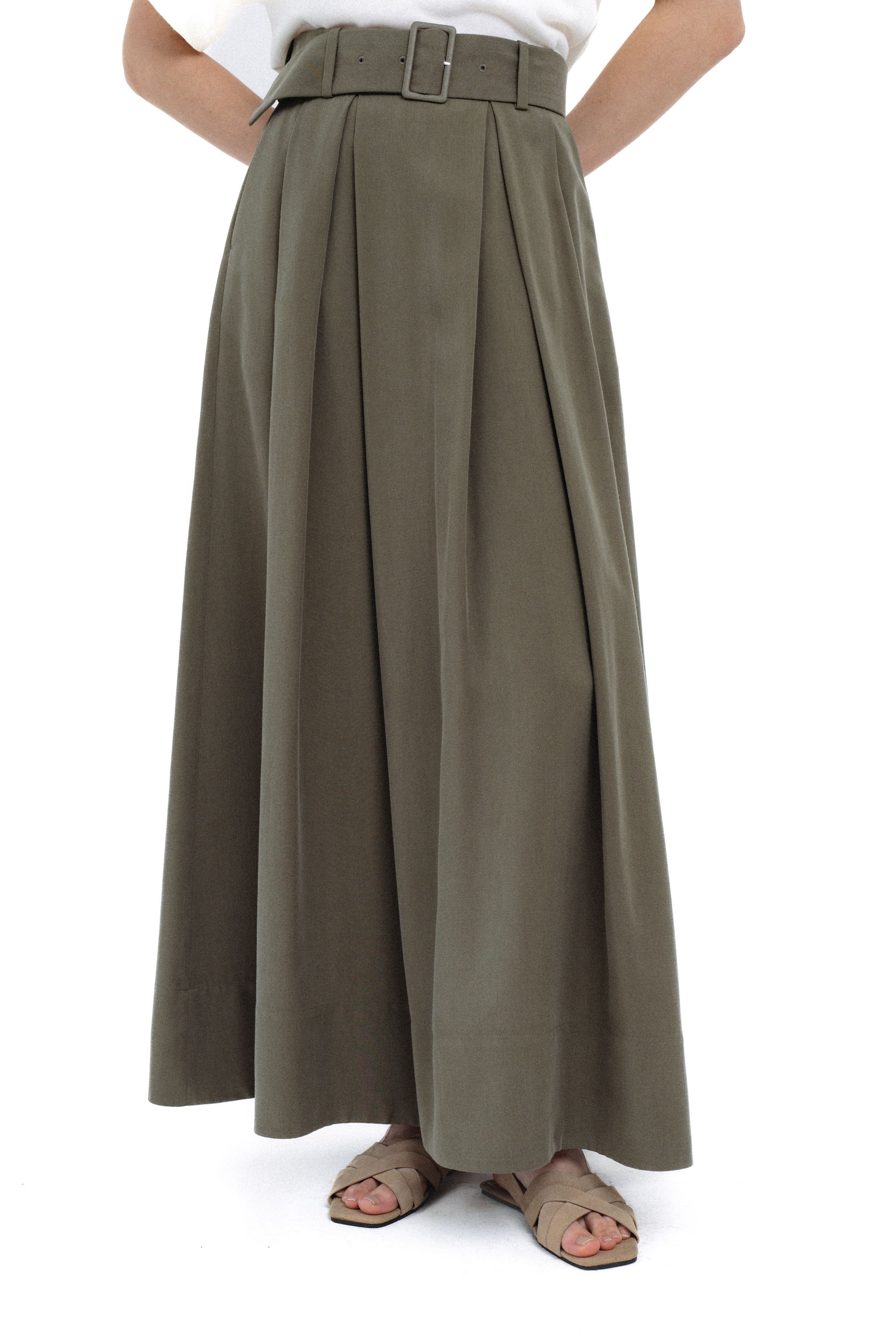 KHAKI MAXI PLEATED SKIRT