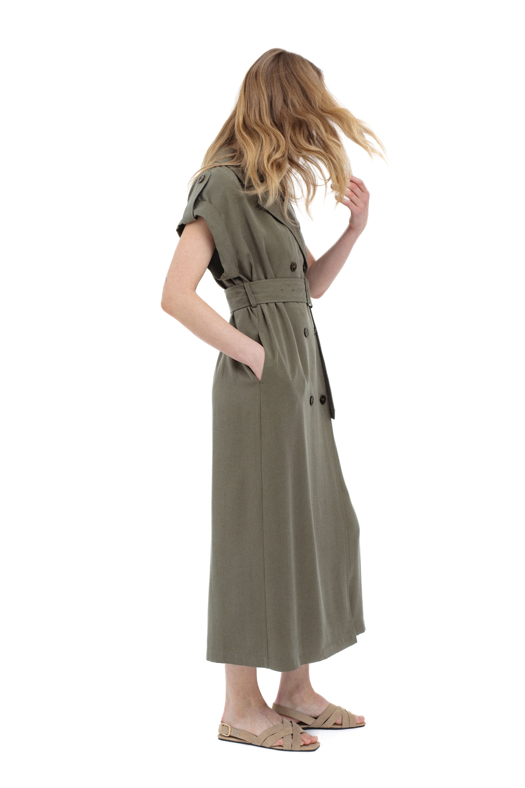 KHAKI DOUBLE-BREASTED SAFARI STYLE DRESS