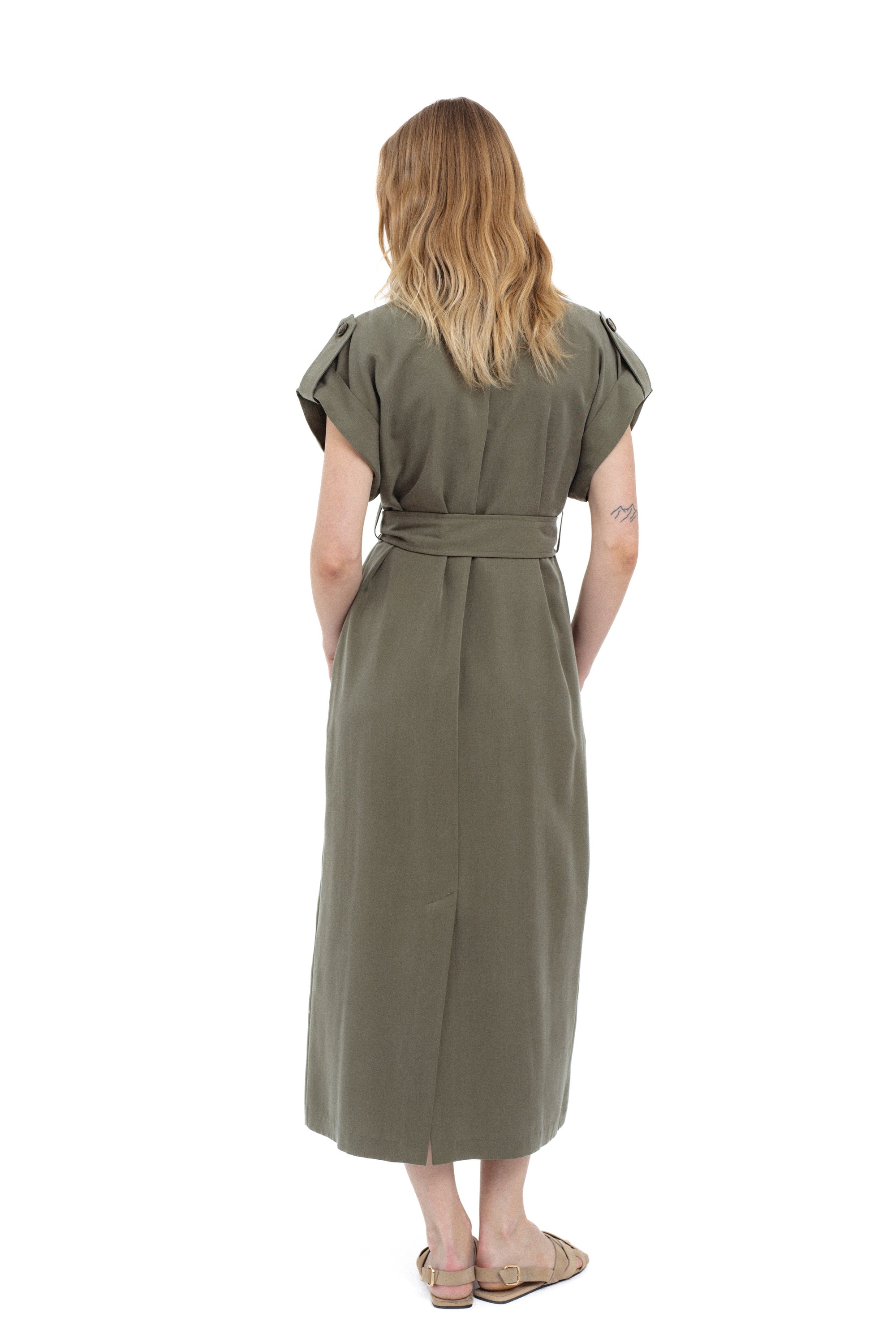 KHAKI DOUBLE-BREASTED SAFARI STYLE DRESS