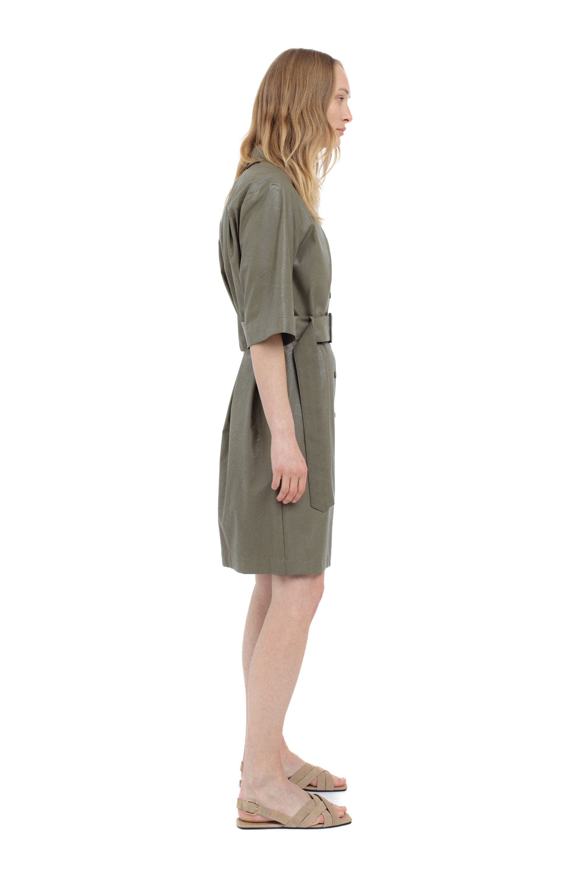 KHAKI ECO LEATHER SHIRT TYPE DRESS WITH BELT InAvati KHAKI ECO LEATHER SHIRT TYPE DRESS WITH BELT InAvati
