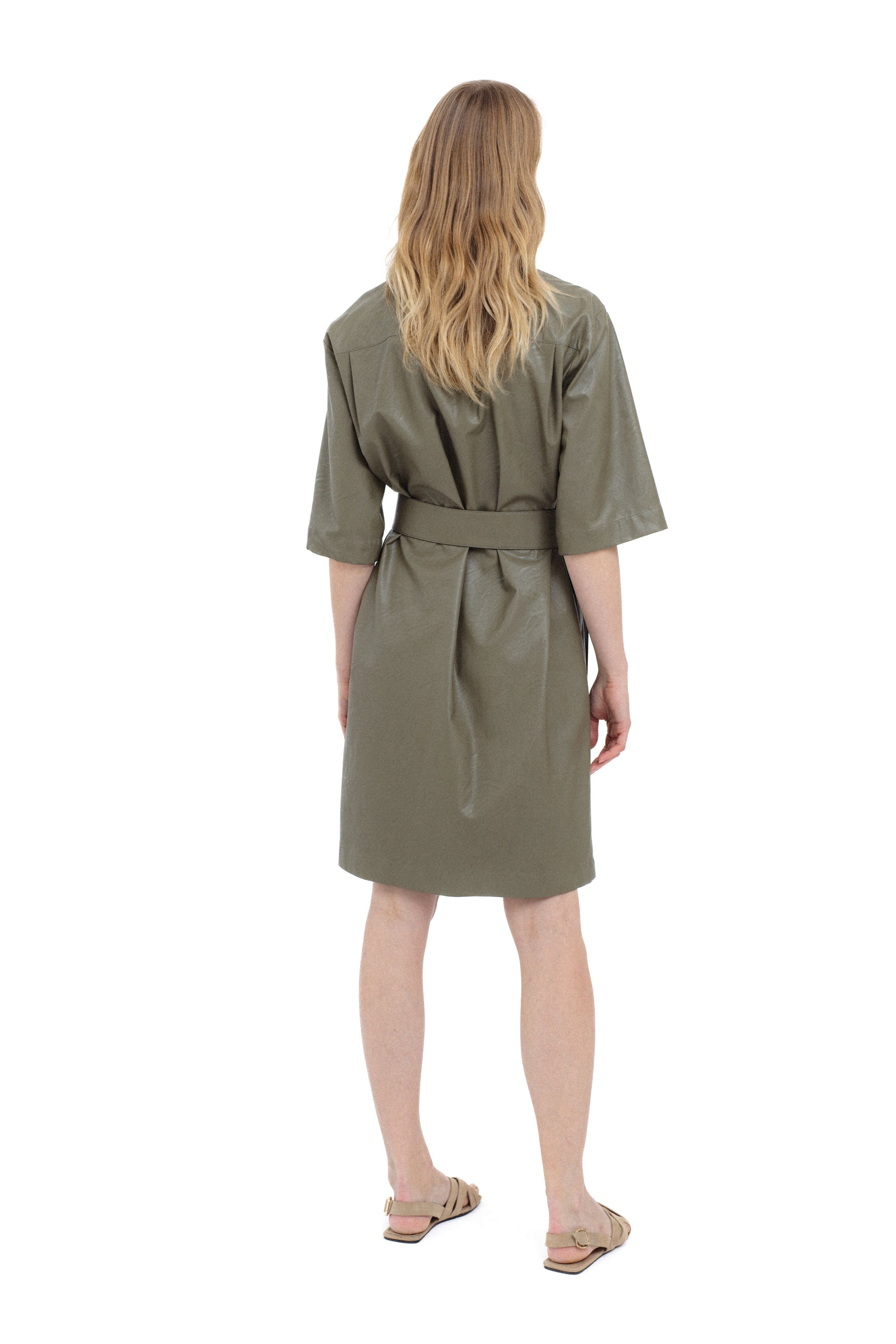 KHAKI ECO LEATHER SHIRT TYPE DRESS WITH BELT